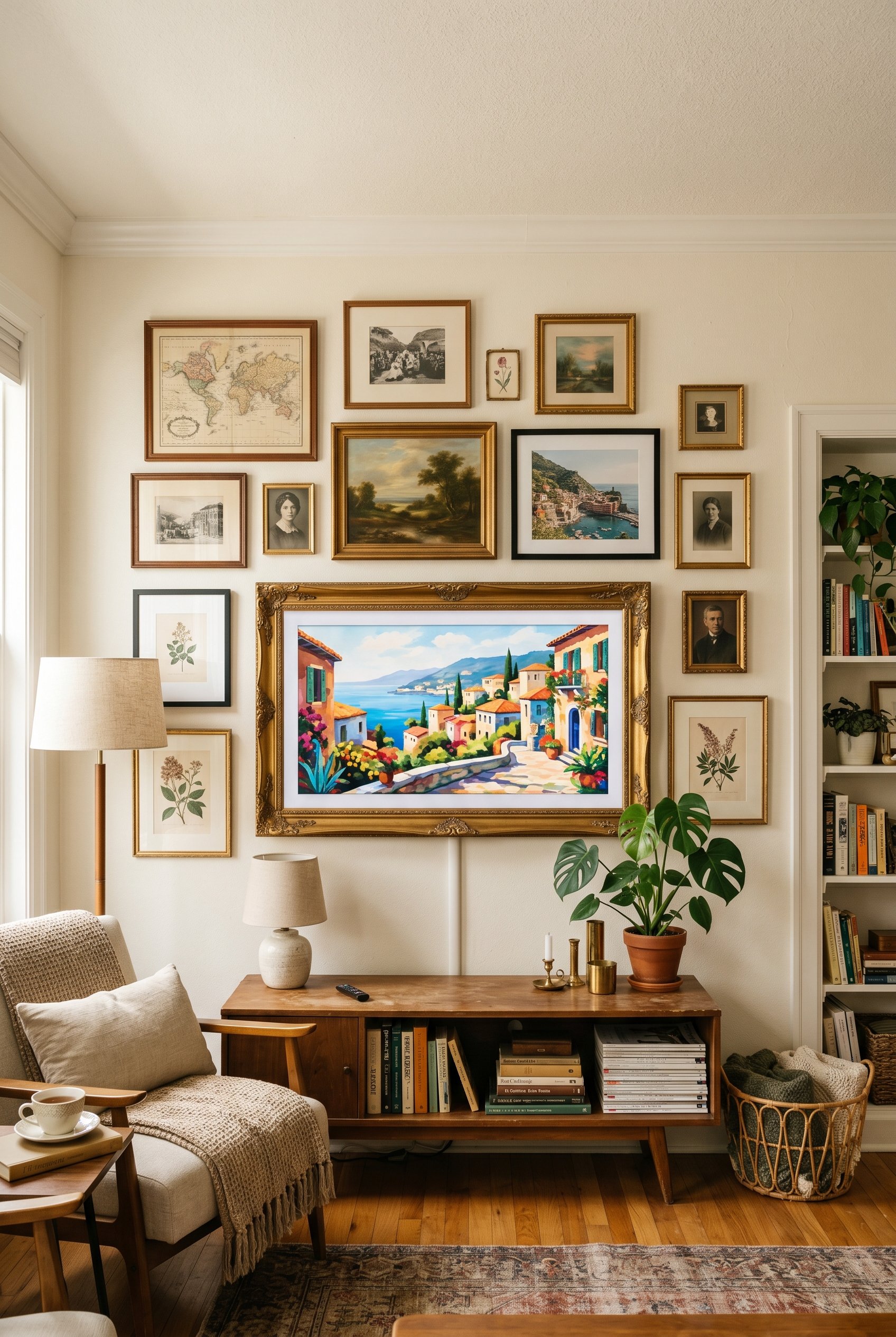 Photorealistic interior photo. Smart TV with a digital art display housed in an ornate vintage gold frame surrounded by real framed artwork, living room setting, front-facing angle. Editorial photogra