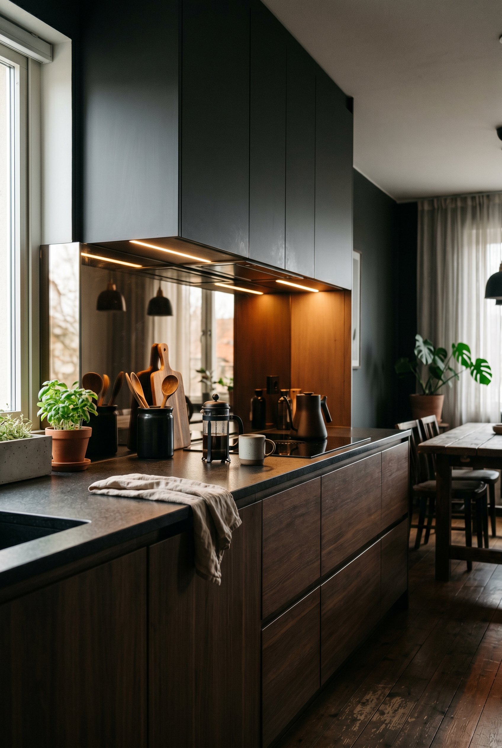 Photorealistic interior photo. Smoked mirror glass backsplash in a moody, modern kitchen with dark cabinets. Warm under-cabinet lighting, low camera angle. Editorial photography style, no people visib