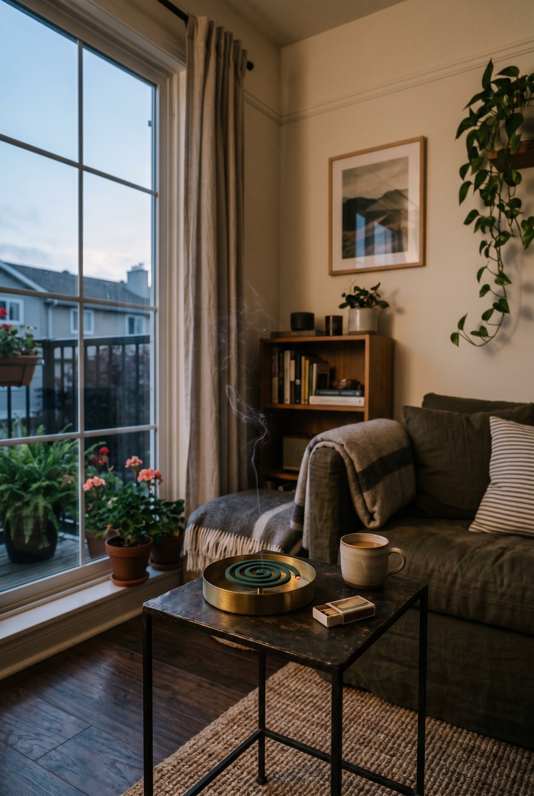 Photorealistic interior photo. Solid brass minimalist mosquito coil holder on a small metal side table, thin wisp of smoke, moody dusk lighting. Editorial photography style, no people visible.
