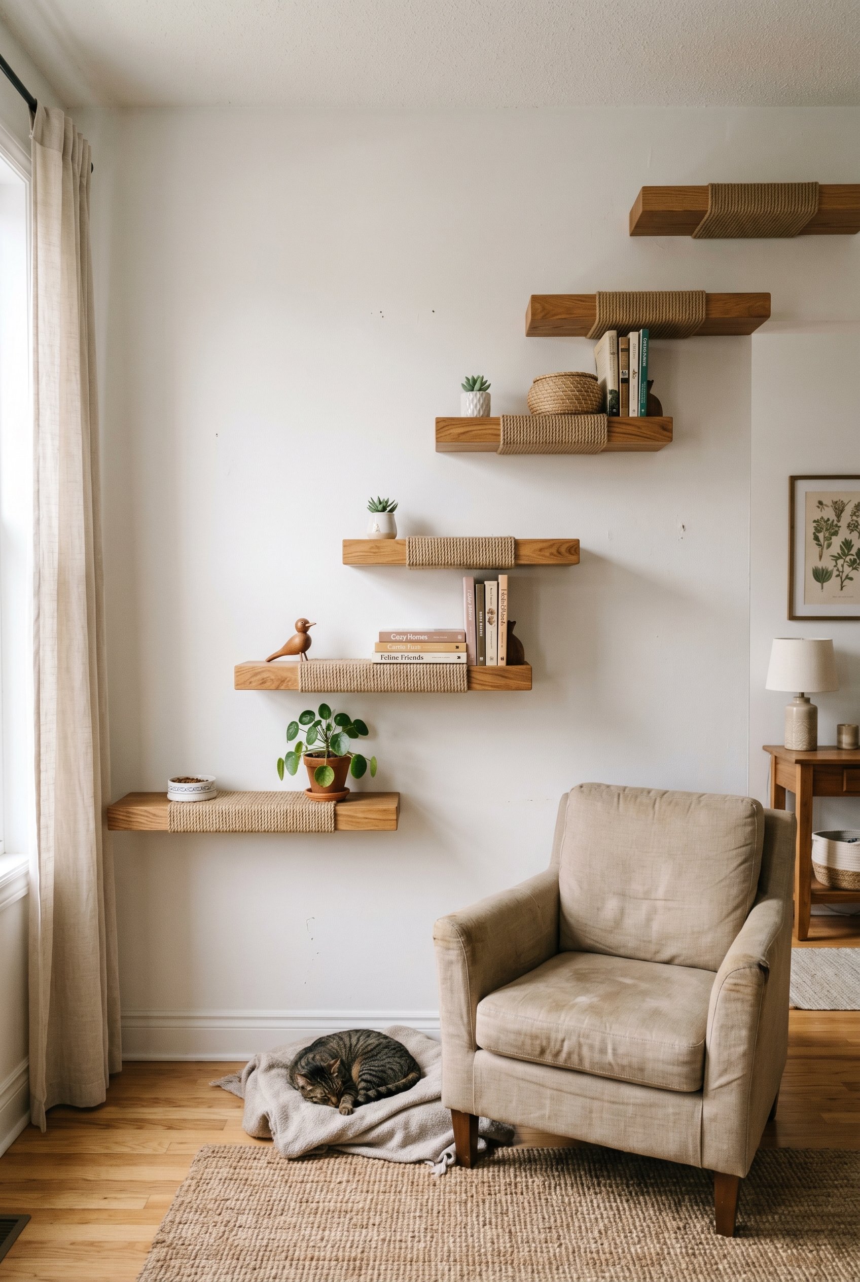 Photorealistic interior photo. Solid oak floating shelves staggered up a white wall, with sections wrapped tightly in natural sisal rope to serve as modern cat steps. Bright, airy room lighting. Edito