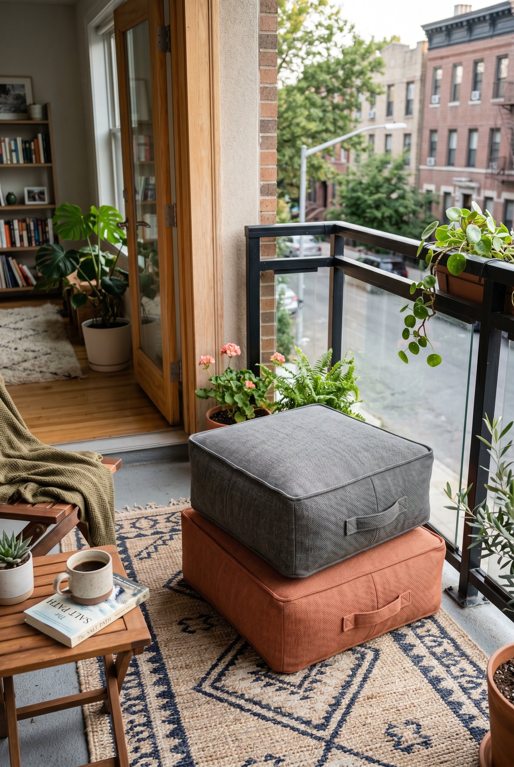 Photorealistic interior photo. Stack of two structured Sunbrella fabric outdoor floor poufs in muted terracotta and charcoal, sitting on a balcony rug. Editorial photography style, no people visible.