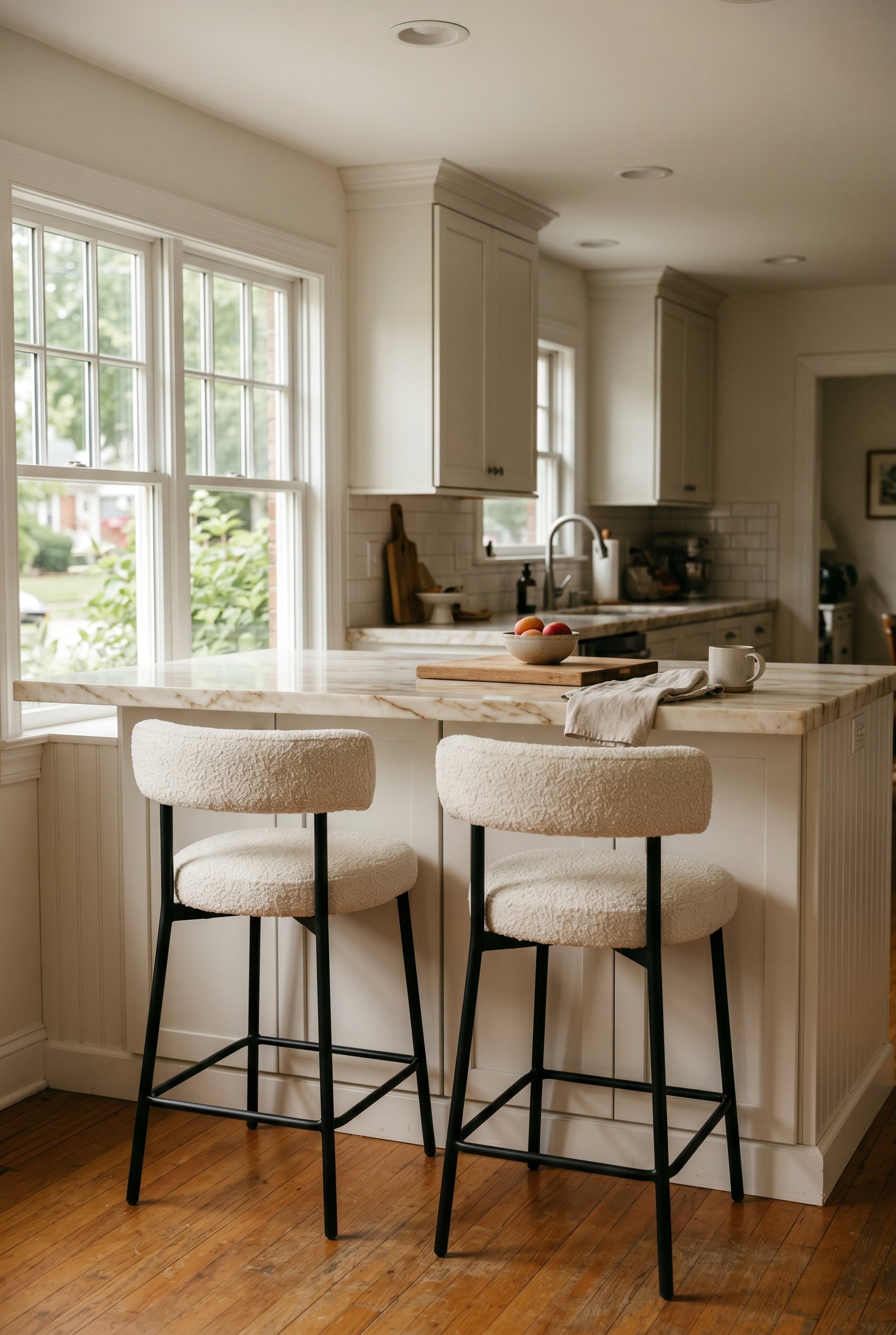 Photorealistic interior photo. Standard 36-inch height marble breakfast bar paired with exactly 24-inch seat height bouclé counter stools with short backrests. Crisp natural window lighting, straight-