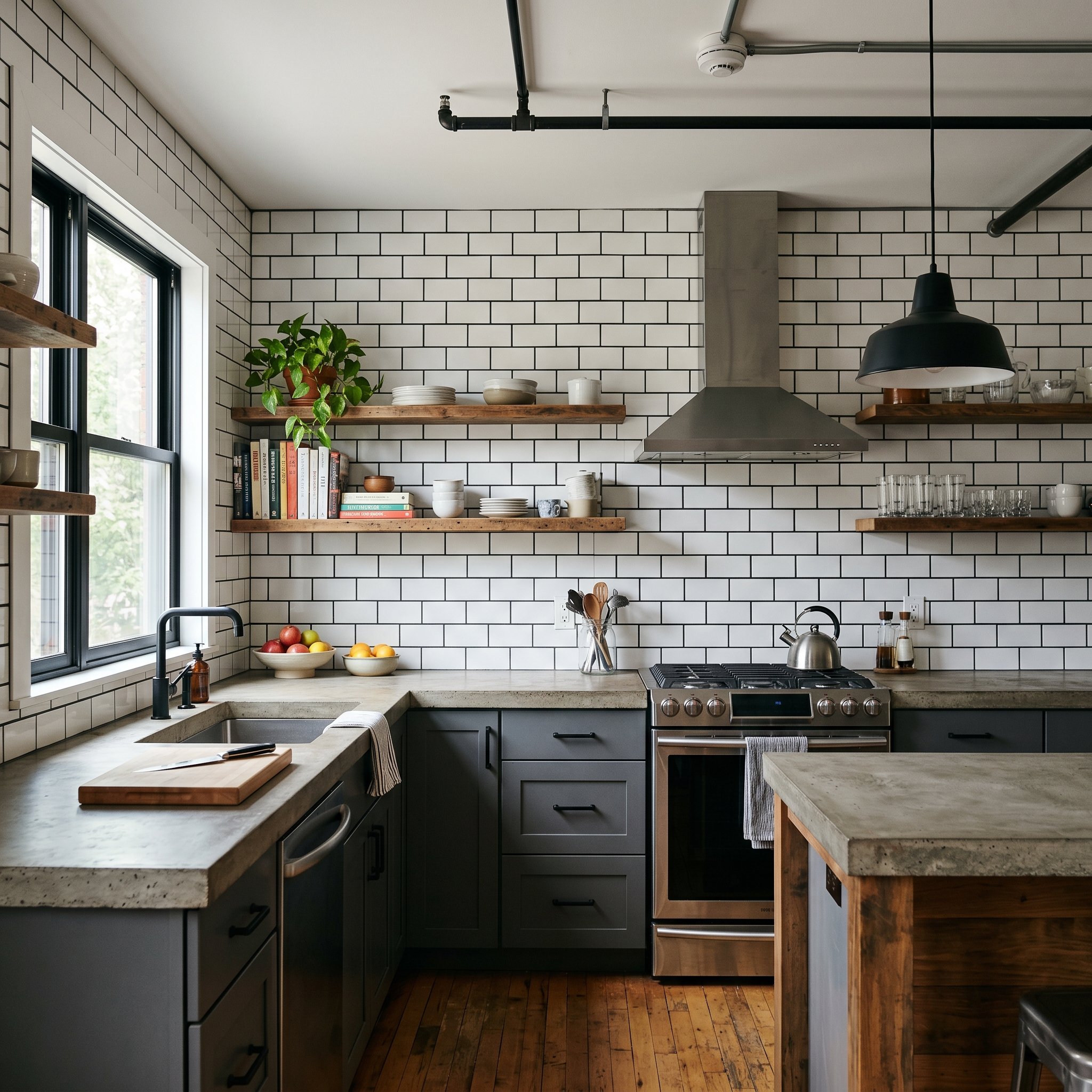 Photorealistic interior photo. Stark white subway tile installed with dark charcoal grey grout. High contrast aesthetic, modern industrial kitchen, concrete countertops. Editorial photography style, n