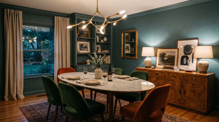 Photorealistic interior photo. Stunning luxury dining room mixing vintage and contemporary styles, rich burl wood credenza, large marble table, plush velvet chairs, dramatic sculptural brass chandelie