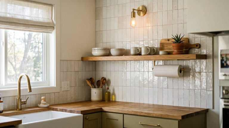 Photorealistic interior photo. Stunning vertical stacked handmade white Zellige subway tiles, catching bright, natural morning light that highlights the uneven, glossy texture of the clay. Warm oak sh