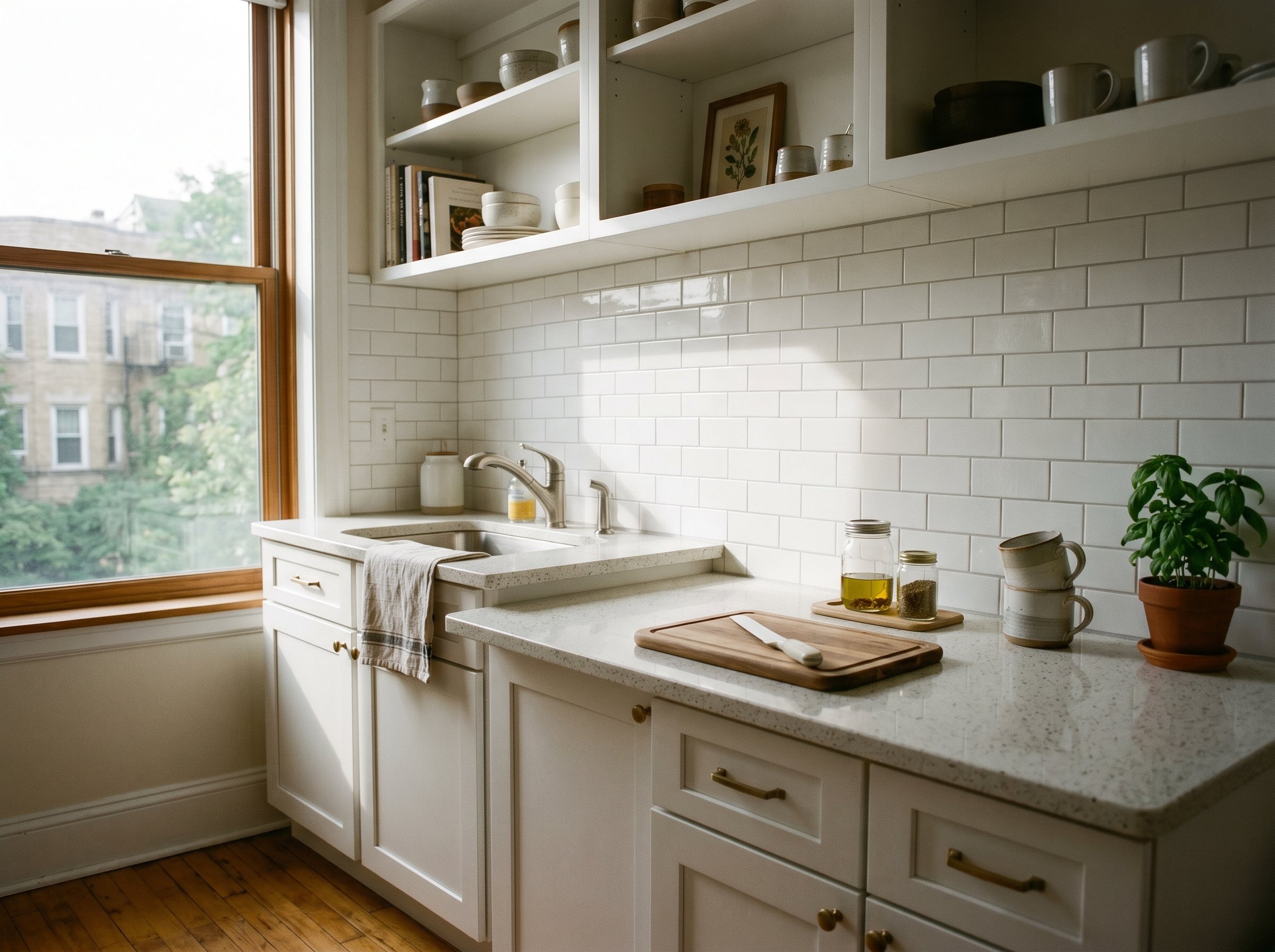 Photorealistic interior photo. Subtle white subway tile backsplash featuring a random mix of matte and high-gloss finishes, catching angled sunlight to show texture differences. Editorial photography