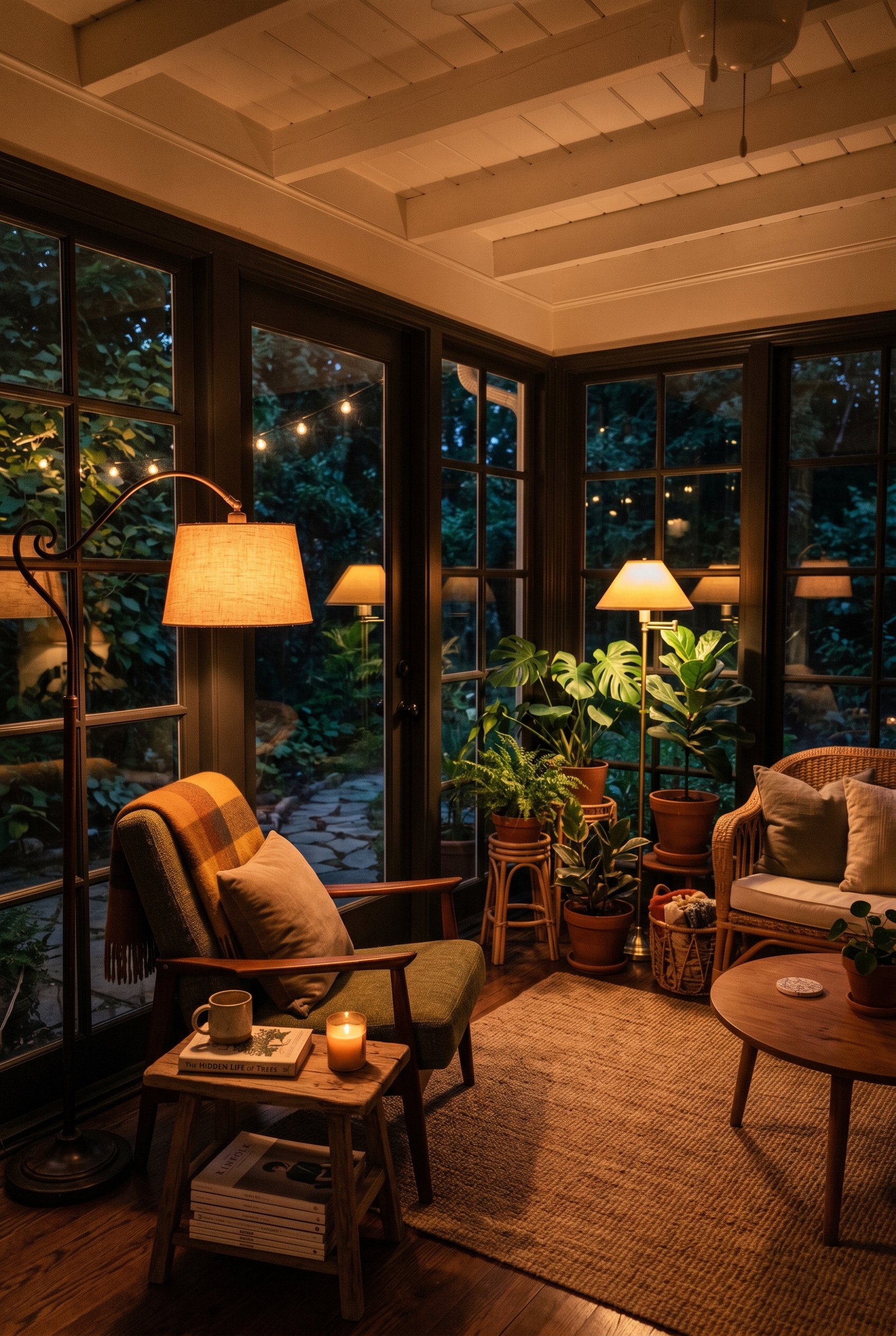 Photorealistic interior photo. Sunroom at night, illuminated only by floor lamps casting a deep, warm amber light, moody and atmospheric. Editorial photography style, no people visible.