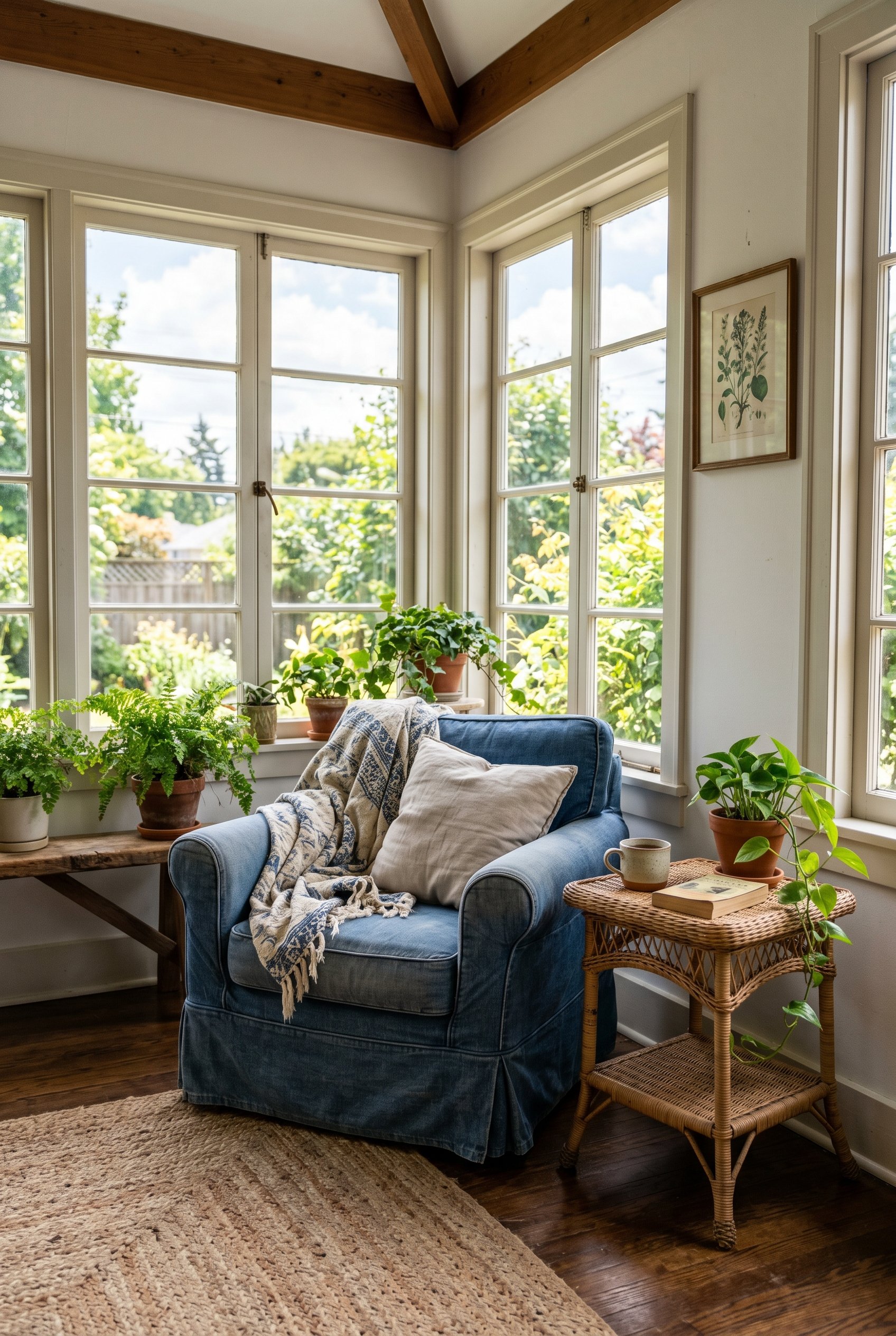 Photorealistic interior photo. Sunroom featuring a relaxed, slipcovered faded denim chair next to a vintage wicker side table, bright sunny daylight, medium camera angle. Editorial photography style, 