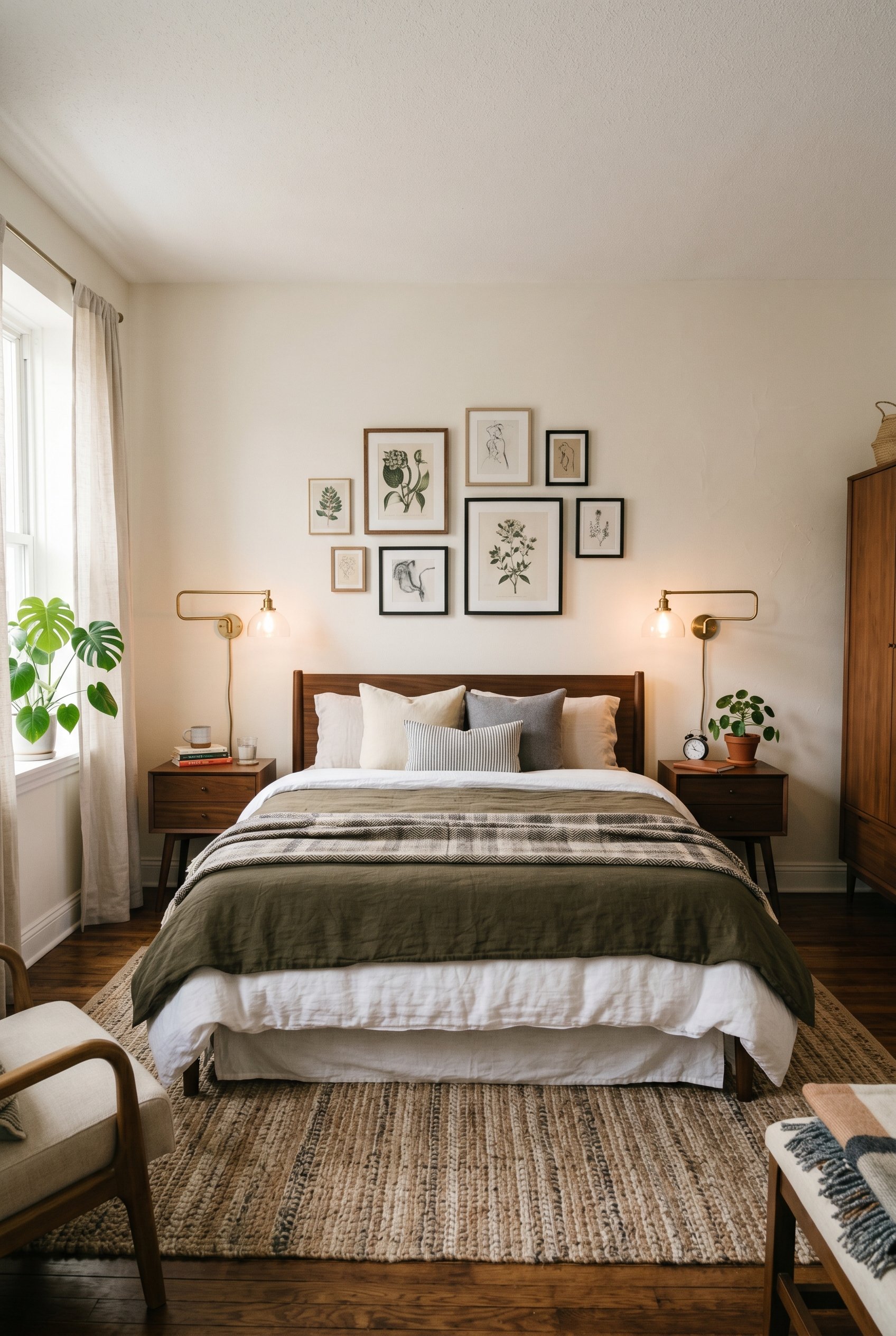 Photorealistic interior photo. Symmetrical boutique hotel bedroom layout, dark wood mid-century matching nightstands flanking a bed, identical brass reading lamps. Editorial photography style, wide an