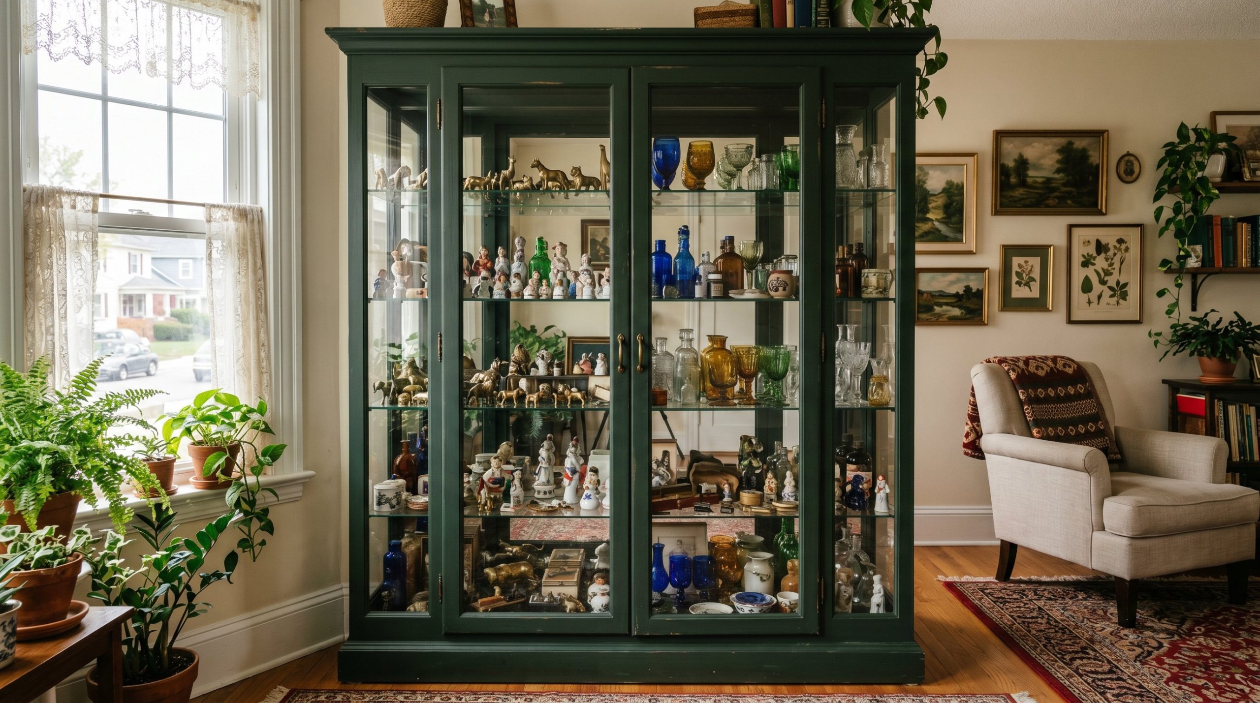 Photorealistic interior photo. Tall glass-front display cabinet painted dark green, filled densely with hundreds of tiny vintage curiosities, brass trinkets, and colorful glassware. Clean exterior. Ed