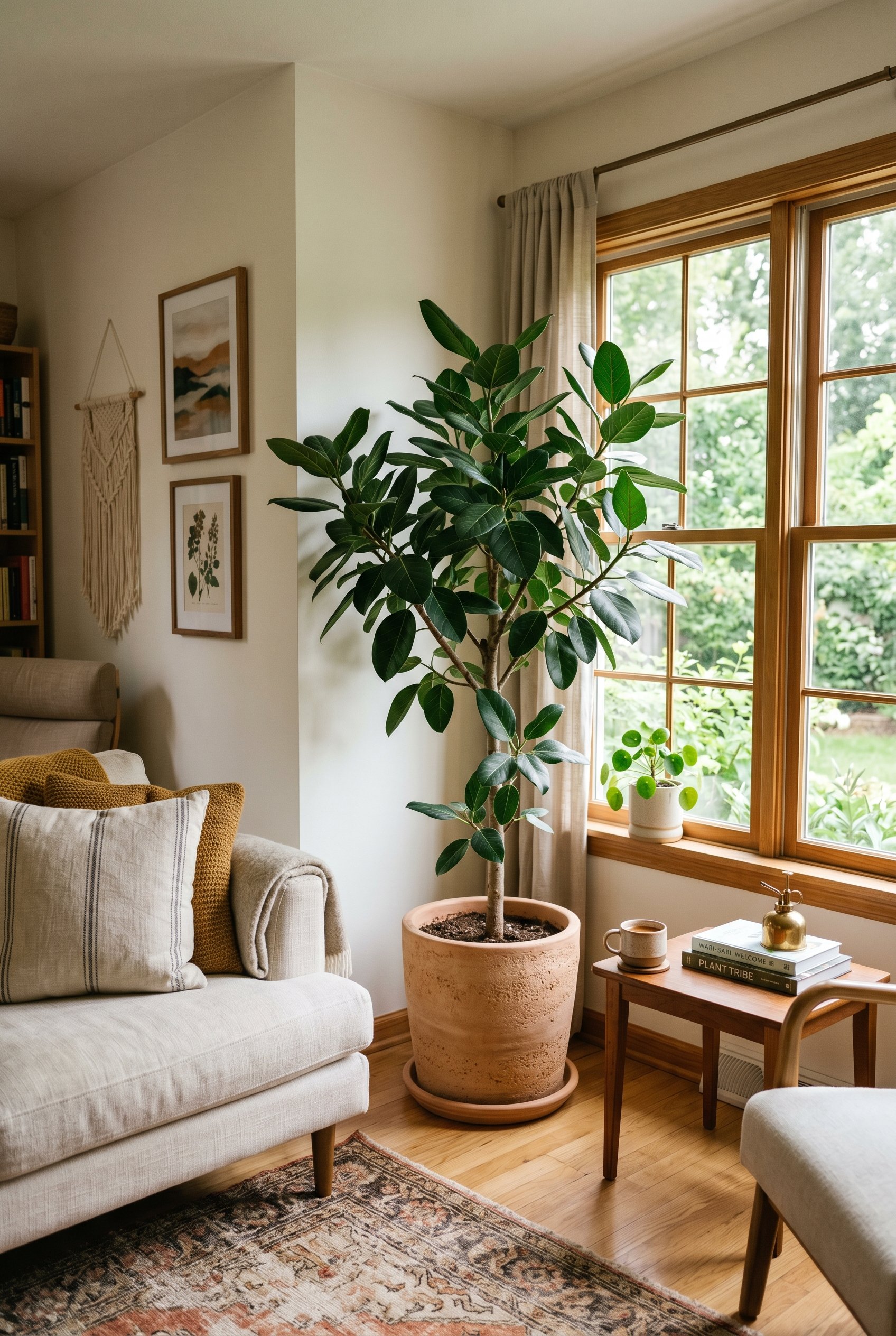 Photorealistic interior photo. Tall live Ficus Audrey plant in a terracotta pot in the corner of a bright living room, natural sunlight, wide camera angle. Editorial photography style, no people visib