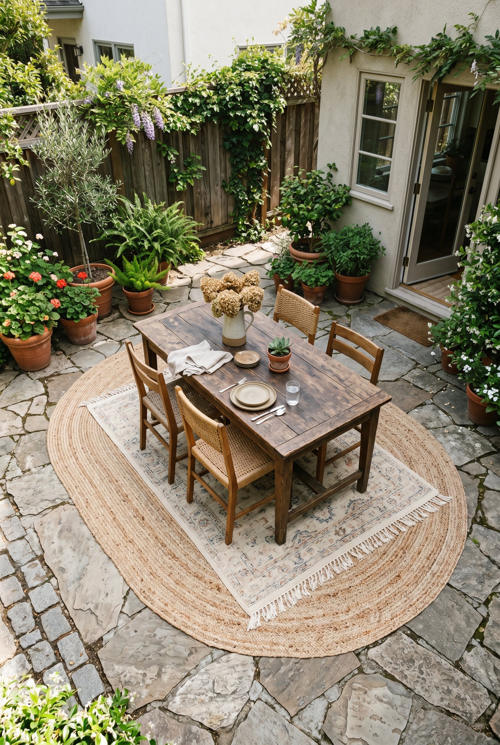 Photorealistic interior photo. Textured outdoor rug mimicking natural jute layered under a reclaimed wood table, weathered stone patio, bright daylight, top-down angle. Editorial photography style, no