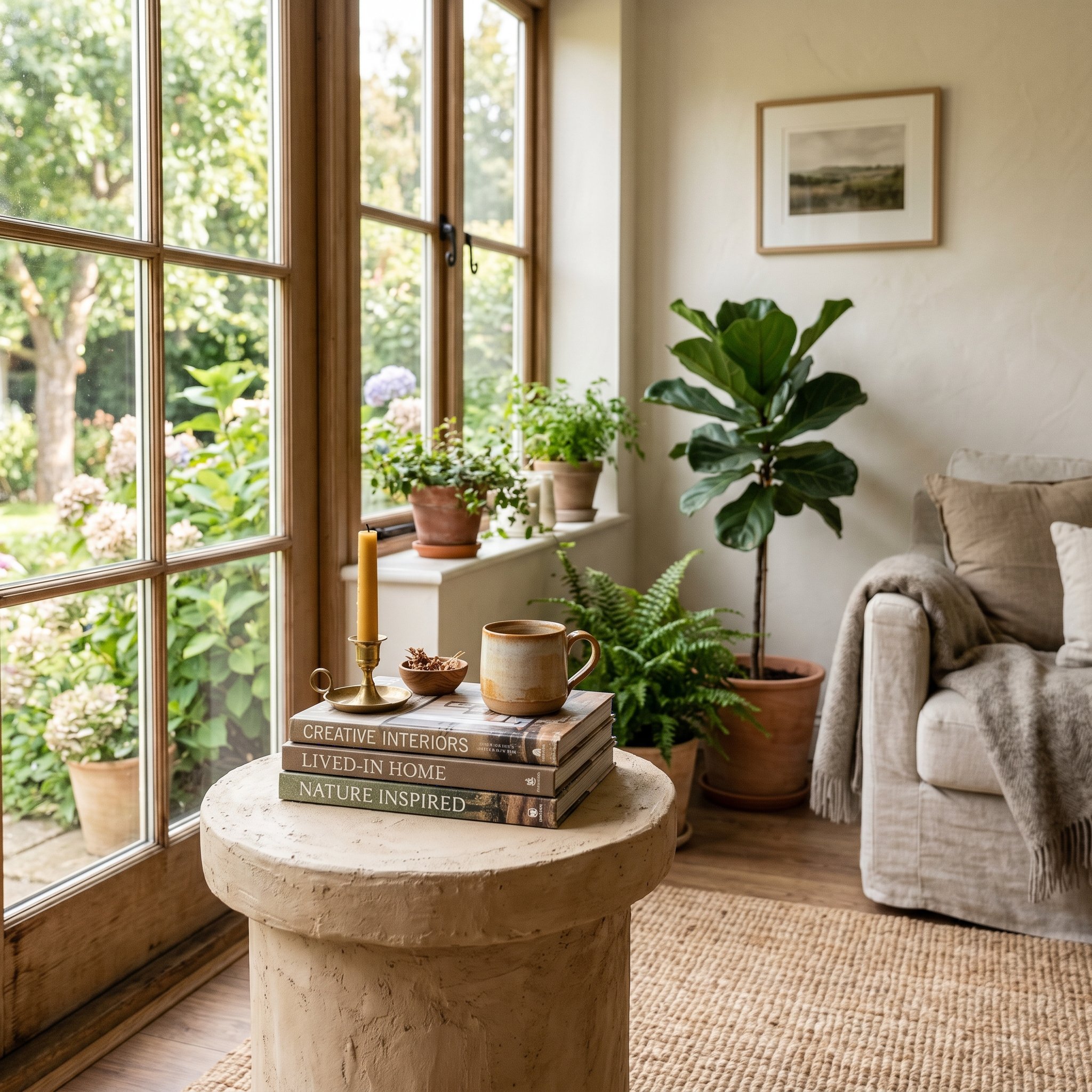 Photorealistic interior photo. Textured plaster-look side table in warm beige, holding a stack of design books and a ceramic mug, sunroom backdrop. Editorial photography style, no people visible.