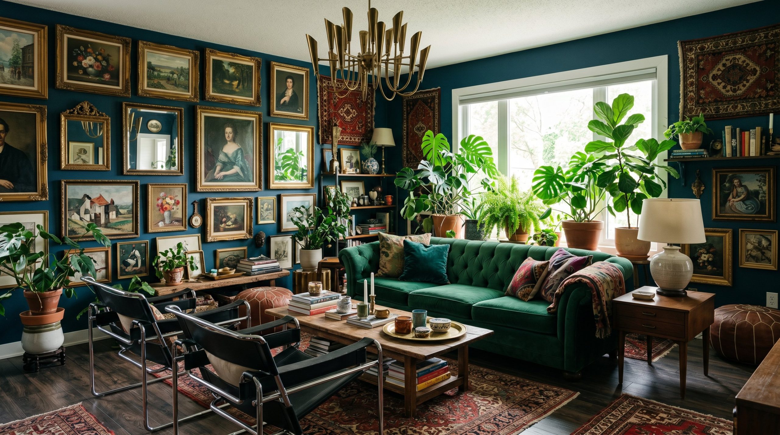 Photorealistic interior photo. The ultimate eclectic maximalist living room. Deep moody peacock blue walls, a dramatic mix of a vintage tufted velvet sofa and 1970s chrome chairs. Floor-to-ceiling gal