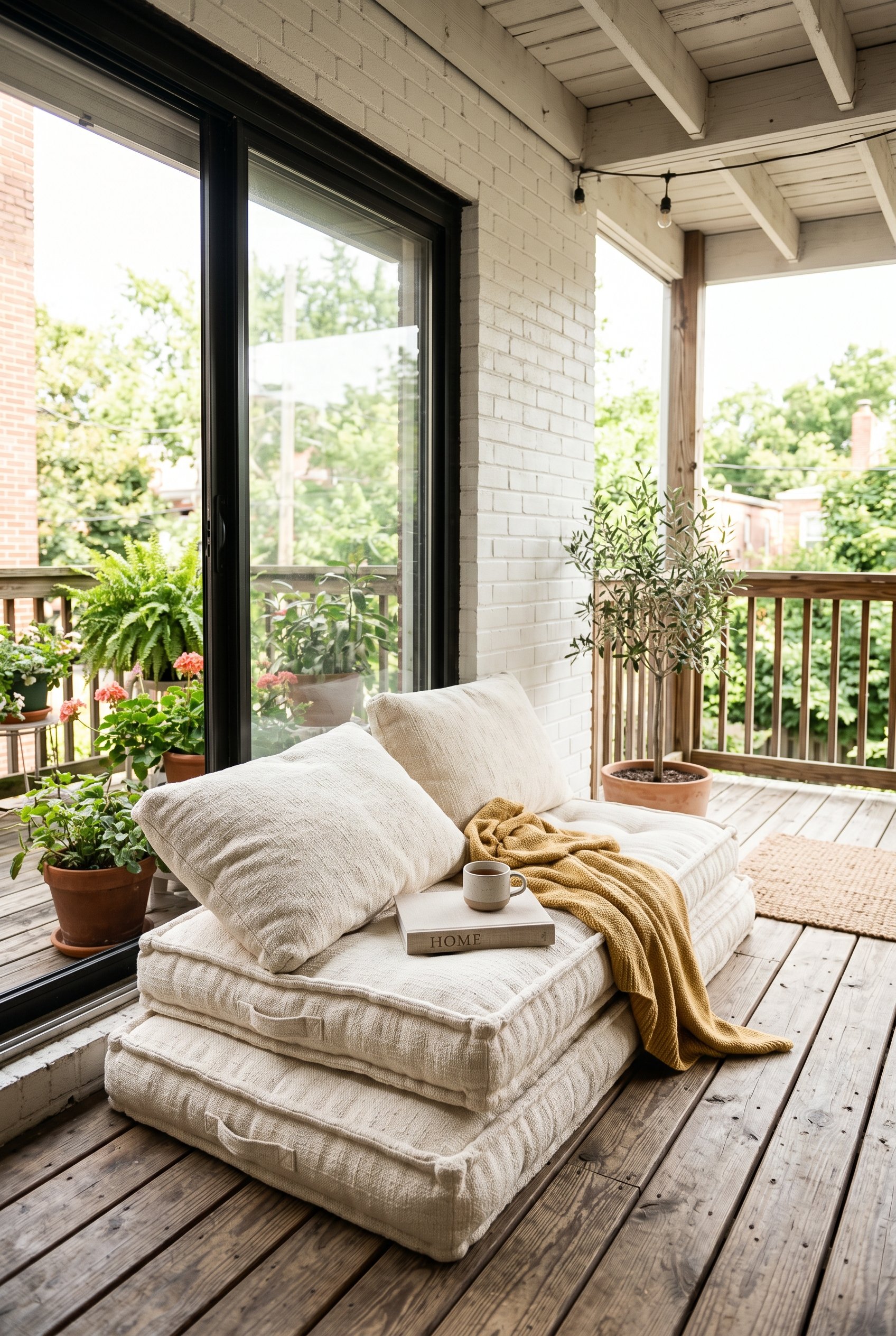 Photorealistic interior photo. Thick, durable cream outdoor fabric floor cushions piled on a rustic wooden deck, plush texture, bright ambient light. Editorial photography style, no people visible.