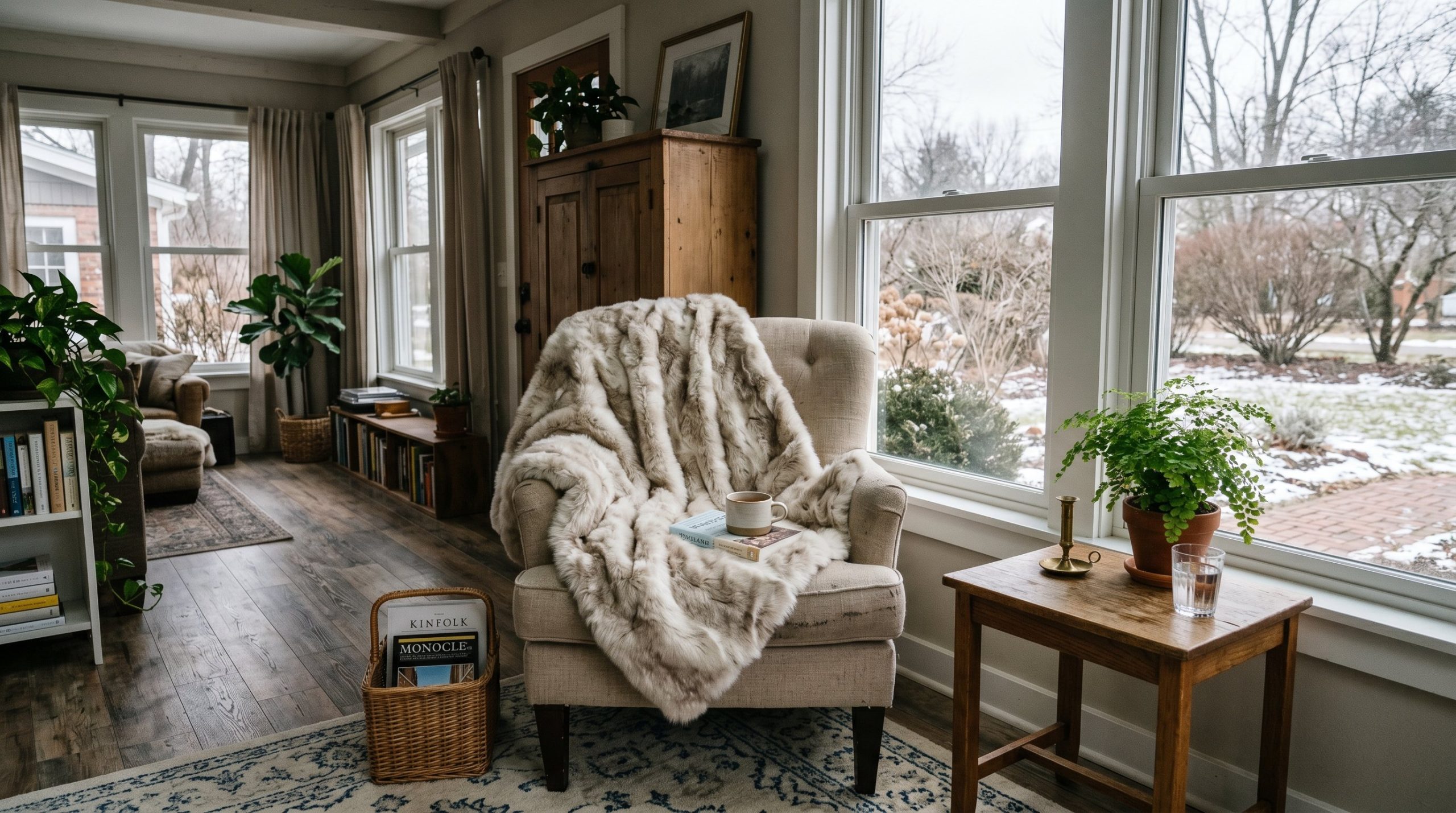 Photorealistic interior photo. Thick faux fur throw blanket draped over a cozy armchair in a sunroom, overcast winter light outside the windows. Editorial photography style, no people visible.