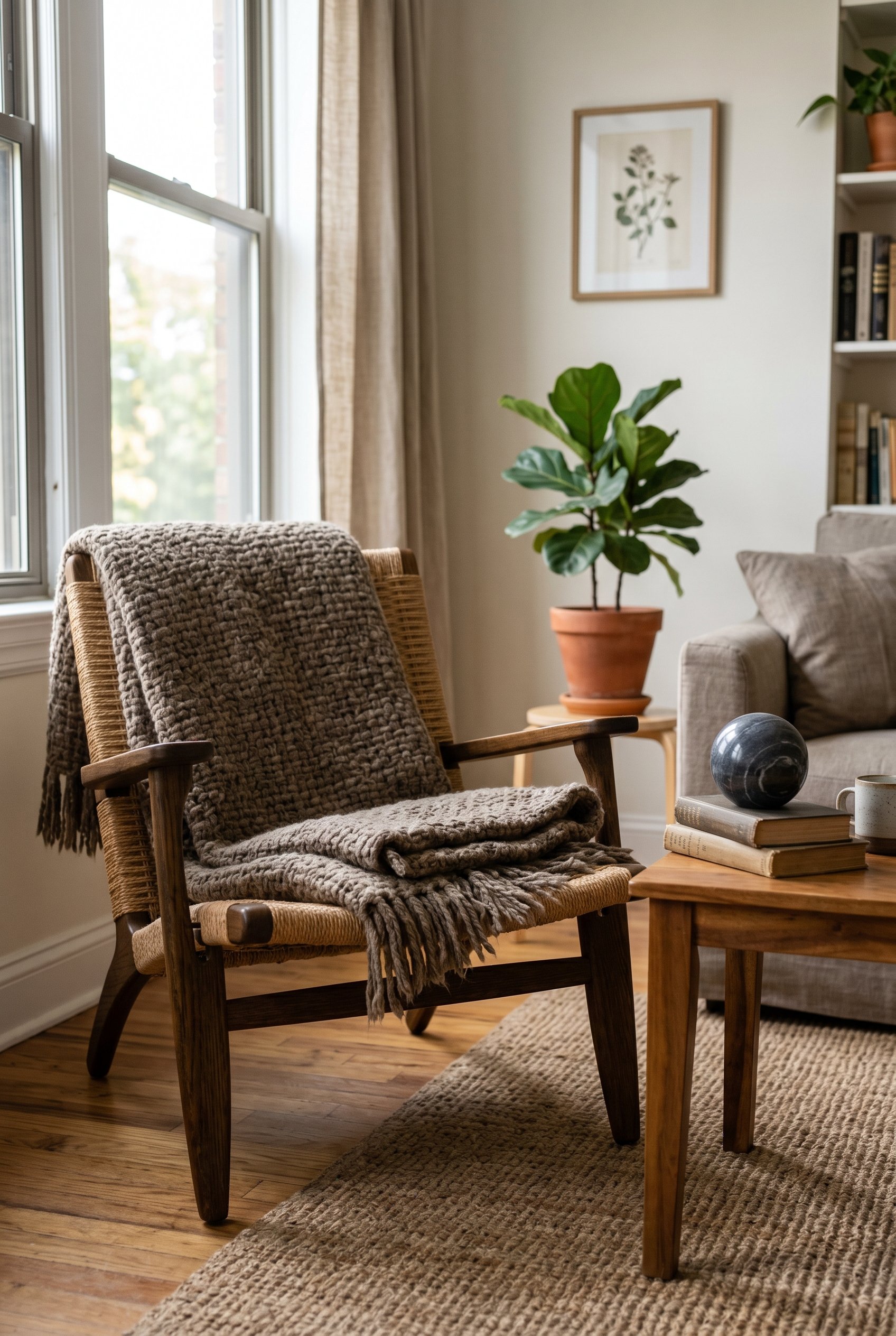 Photorealistic interior photo. Thick, heavy textured wool outdoor throw blanket neatly draped over a sturdy lounge chair, solid marble paperweight on a side table nearby. Editorial photography style, 