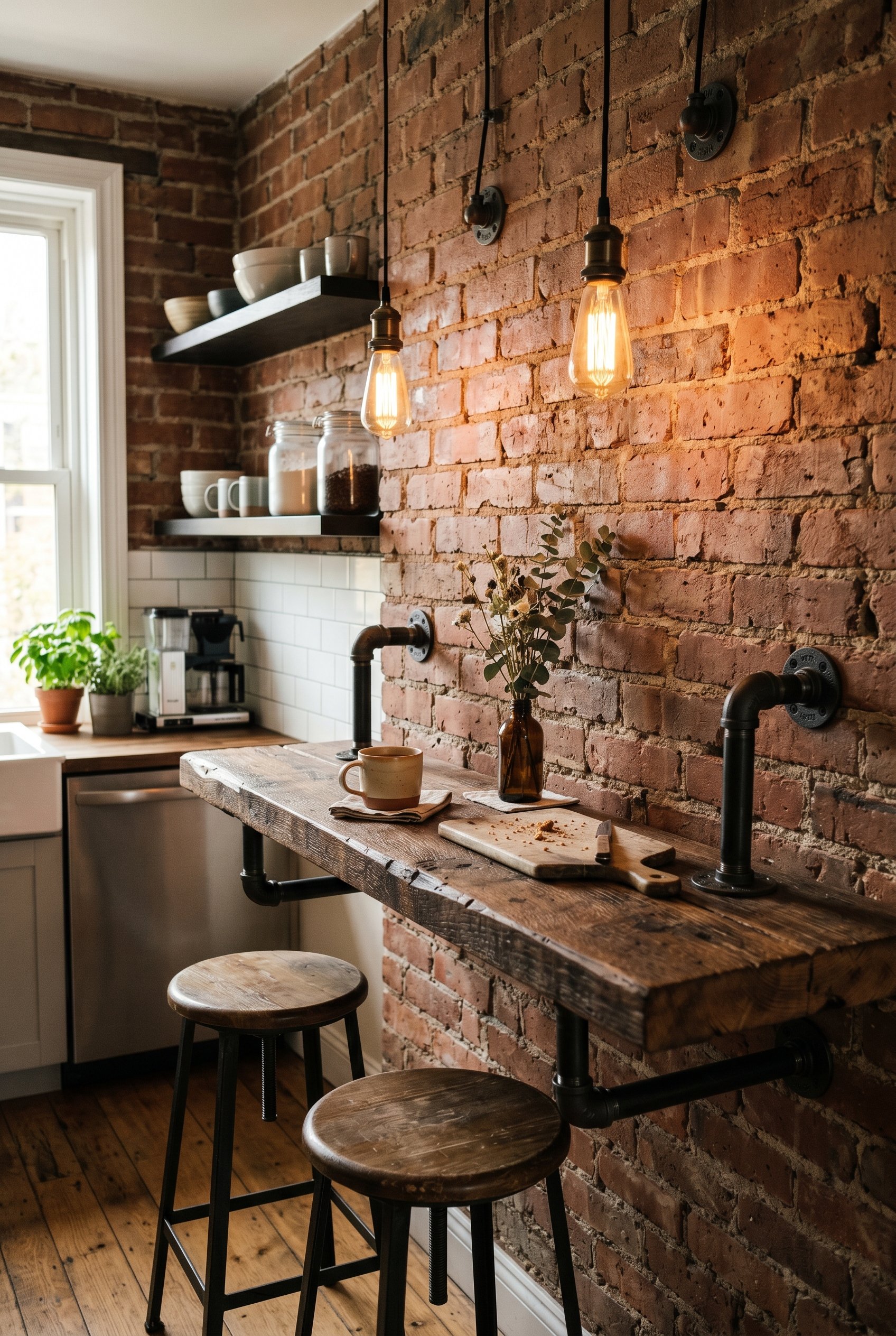 Photorealistic interior photo. Thick, rough-hewn reclaimed wood plank breakfast bar mounted to a brick wall using thick black iron plumbing pipes. Industrial rustic aesthetic, warm Edison bulb lightin