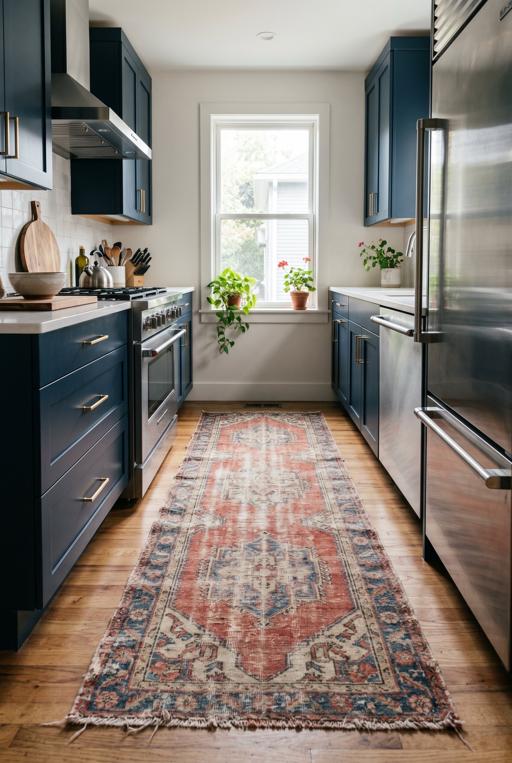 Photorealistic interior photo. Threadbare, faded Persian runner rug placed in a sleek modern kitchen with stainless steel appliances, bright daylight, low perspective. Editorial photography style, no