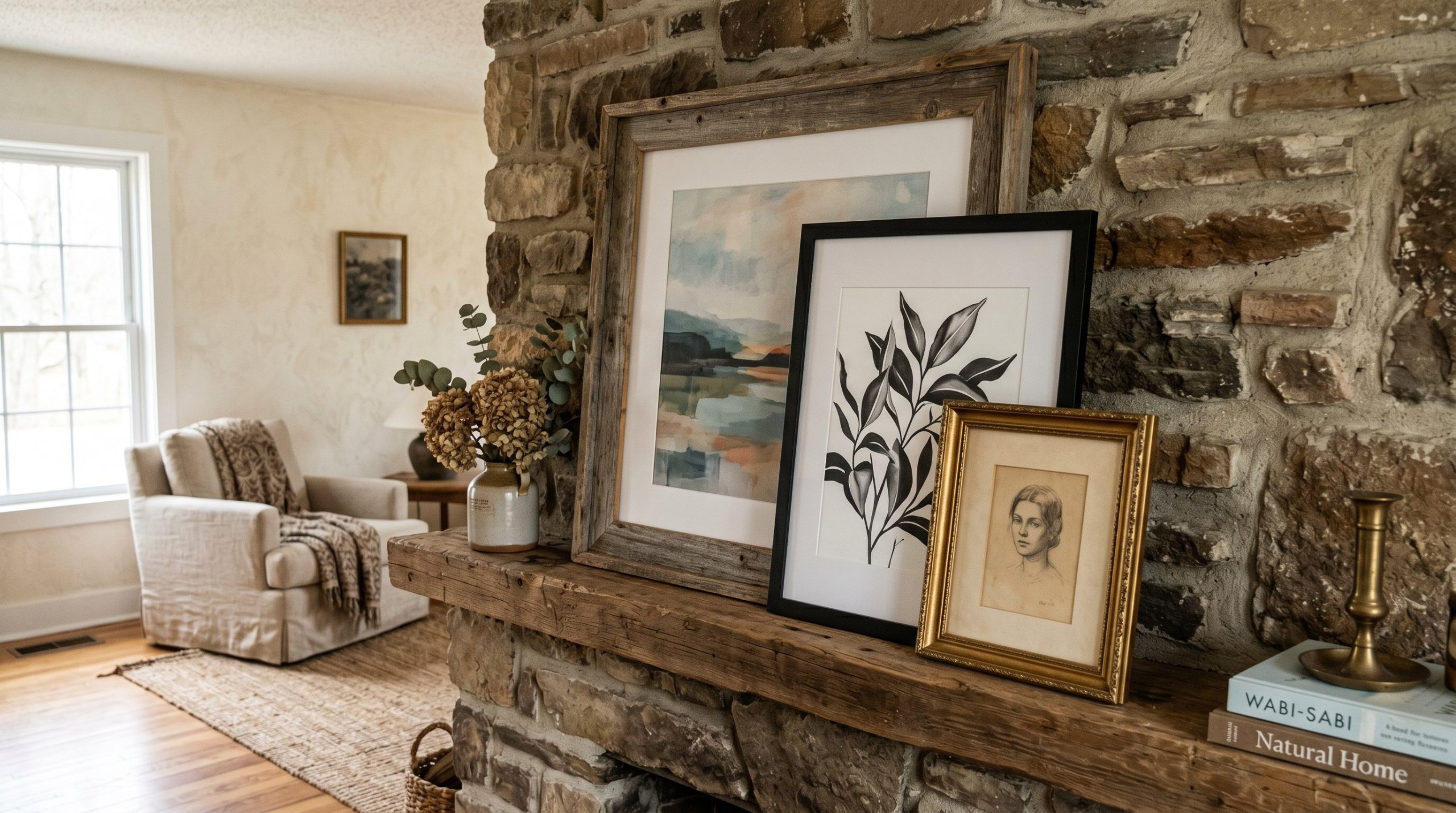 Photorealistic interior photo. Three framed art pieces leaning on a stone mantel, overlapping each other. A large vintage wood frame in back, a medium black frame overlapping by one-third, and a small