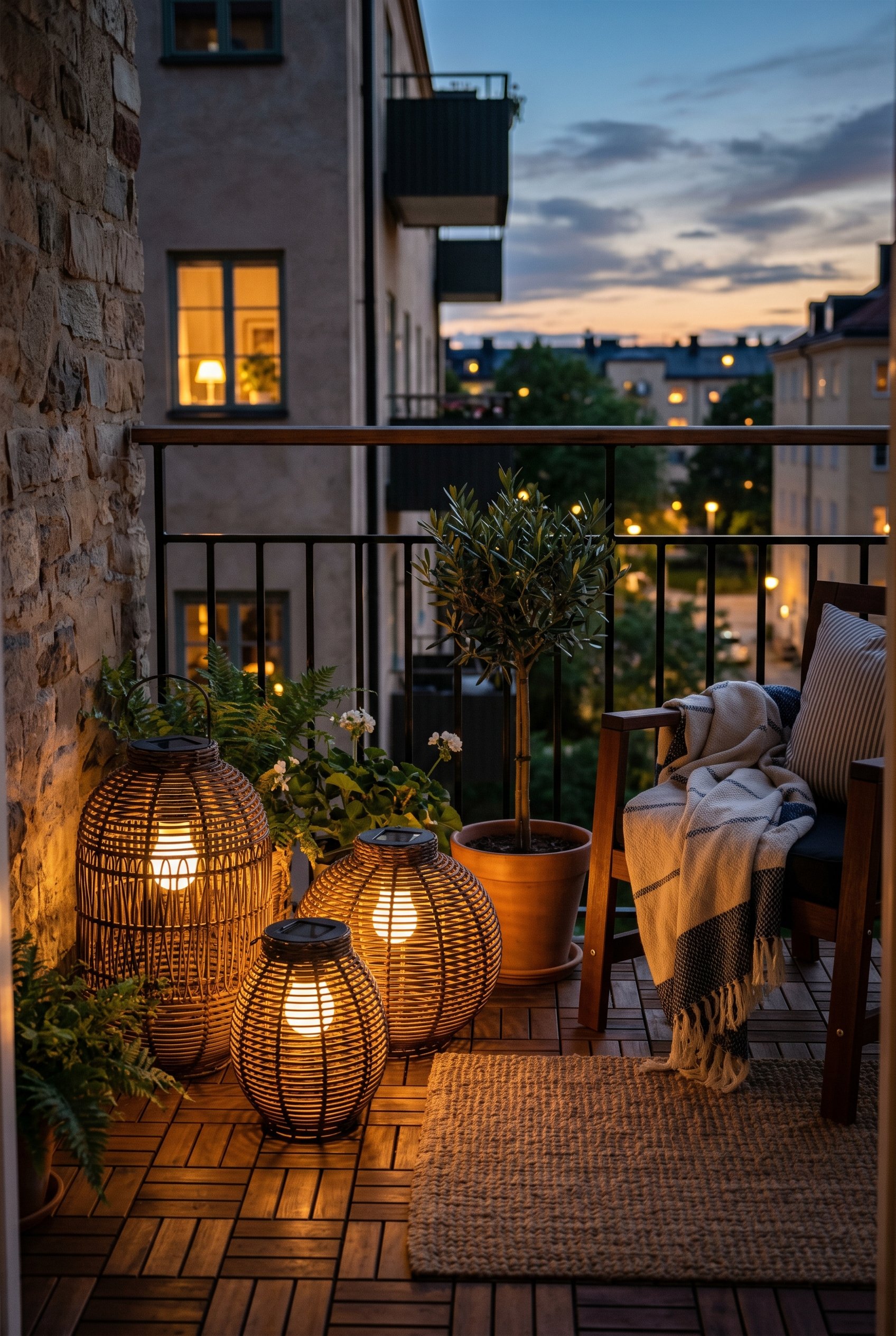 Photorealistic interior photo. Three oversized woven resin solar lanterns clustered in the corner of a wood-tiled balcony, glowing with warm light at dusk. Editorial photography style, no people visib
