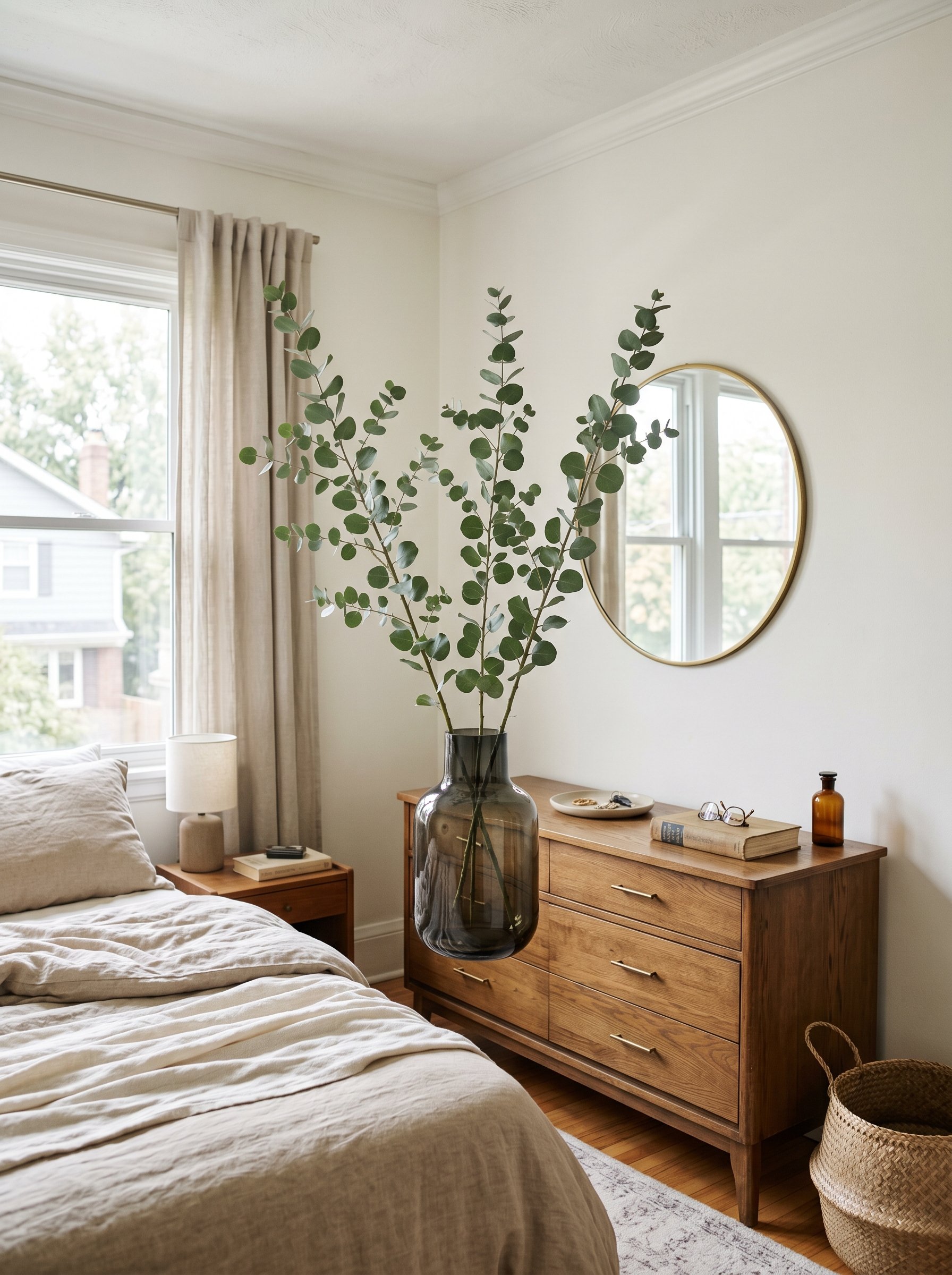 Photorealistic interior photo. Three tall branches of fresh silver dollar eucalyptus in a heavy smoked glass vase on a wooden bedroom dresser. Bright, airy lighting, minimal styling. Editorial photogr