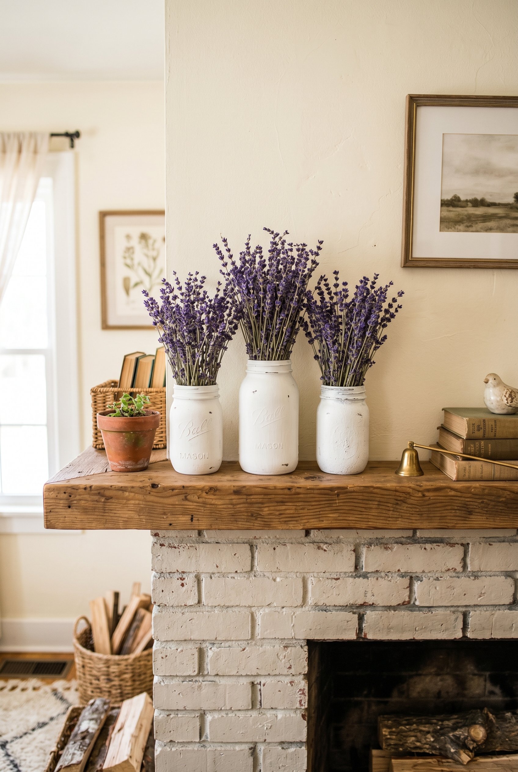 Photorealistic interior photo. Three upcycled glass jars painted with textured matte white paint, holding dried lavender on a wood mantle. Bright spring lighting, straight-on camera angle. Editorial p