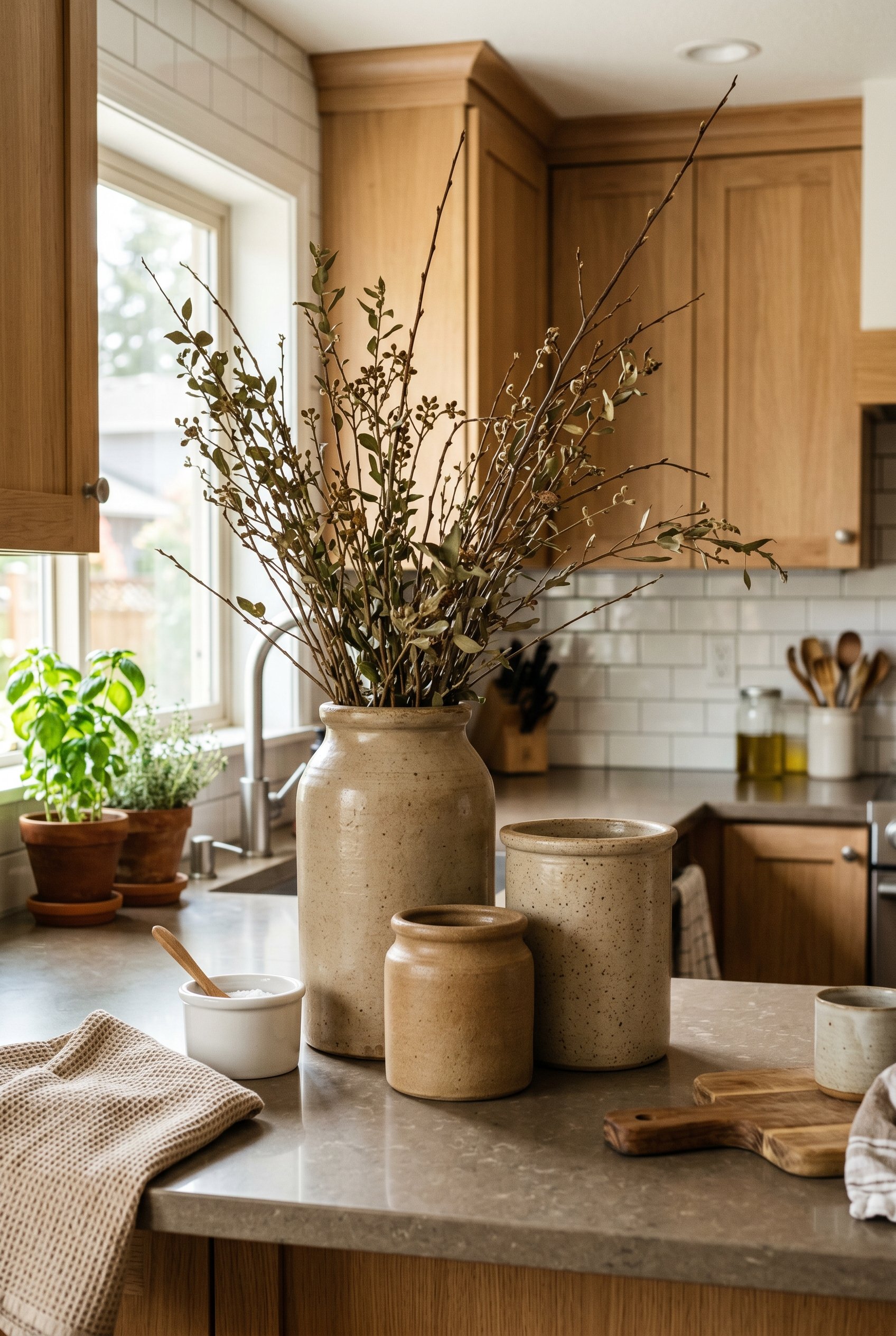 Photorealistic interior photo. Three varying heights of unglazed stoneware crocks grouped on a modern kitchen counter with tall branches in the largest crock, bright natural light, close-up shot. Edit
