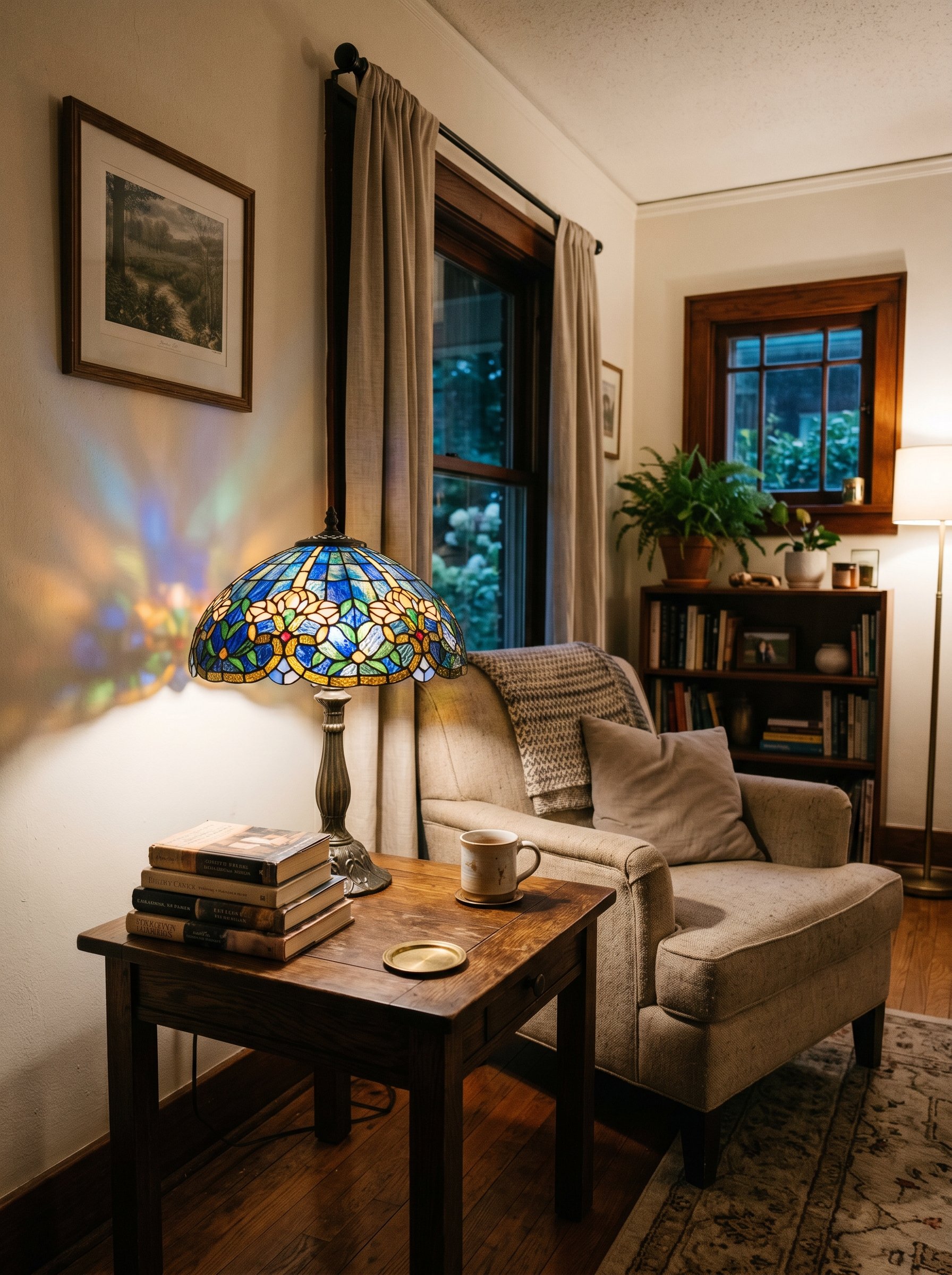Photorealistic interior photo. Tiffany-style stained glass lamp on a dark wood side table, casting colorful shadows. Low ambient lighting, slightly angled camera. Editorial photography style, no peopl