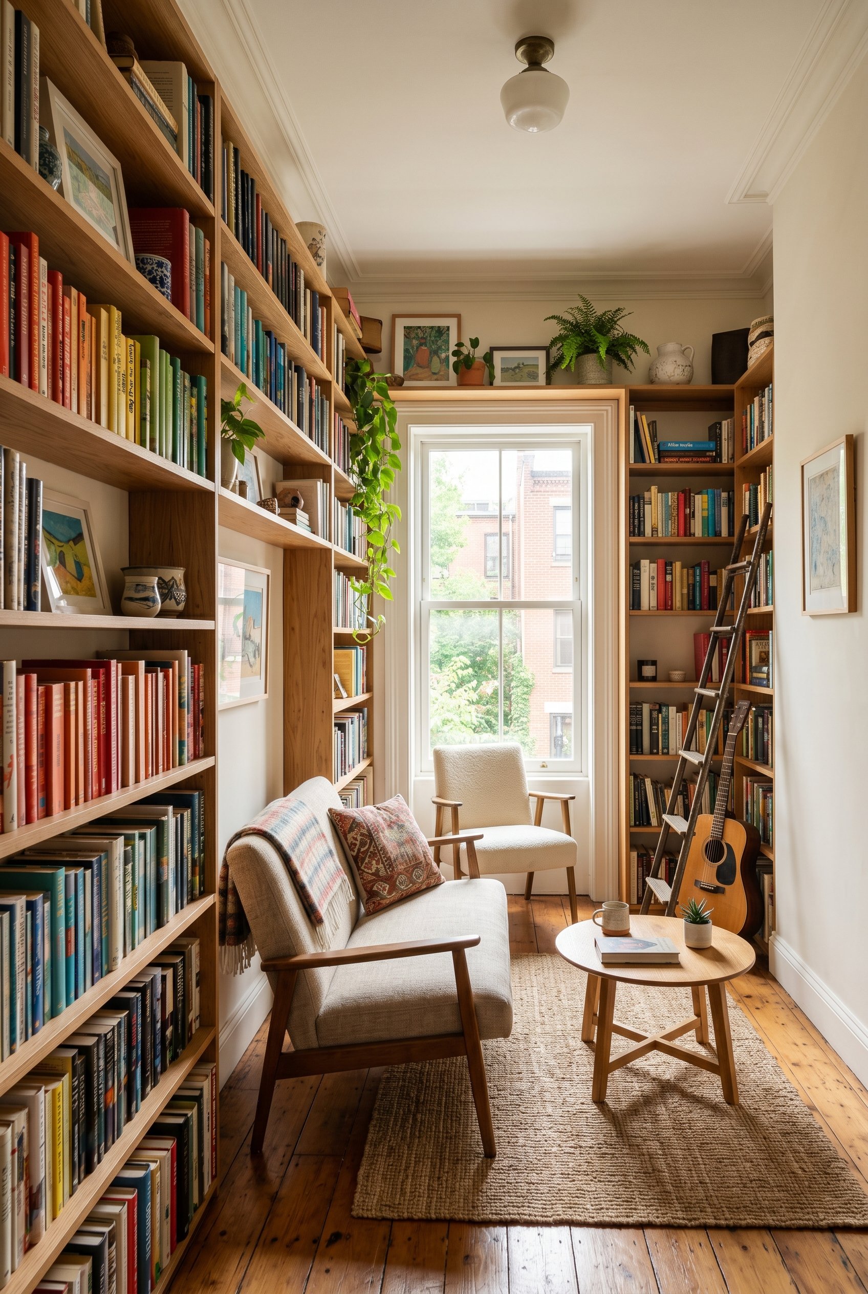 Photorealistic interior photo. Tiny, narrow living room maximizing vertical space. Floor-to-ceiling built-in bookshelves packed tightly with colorful books and art, drawing the eye upwards. Small foot