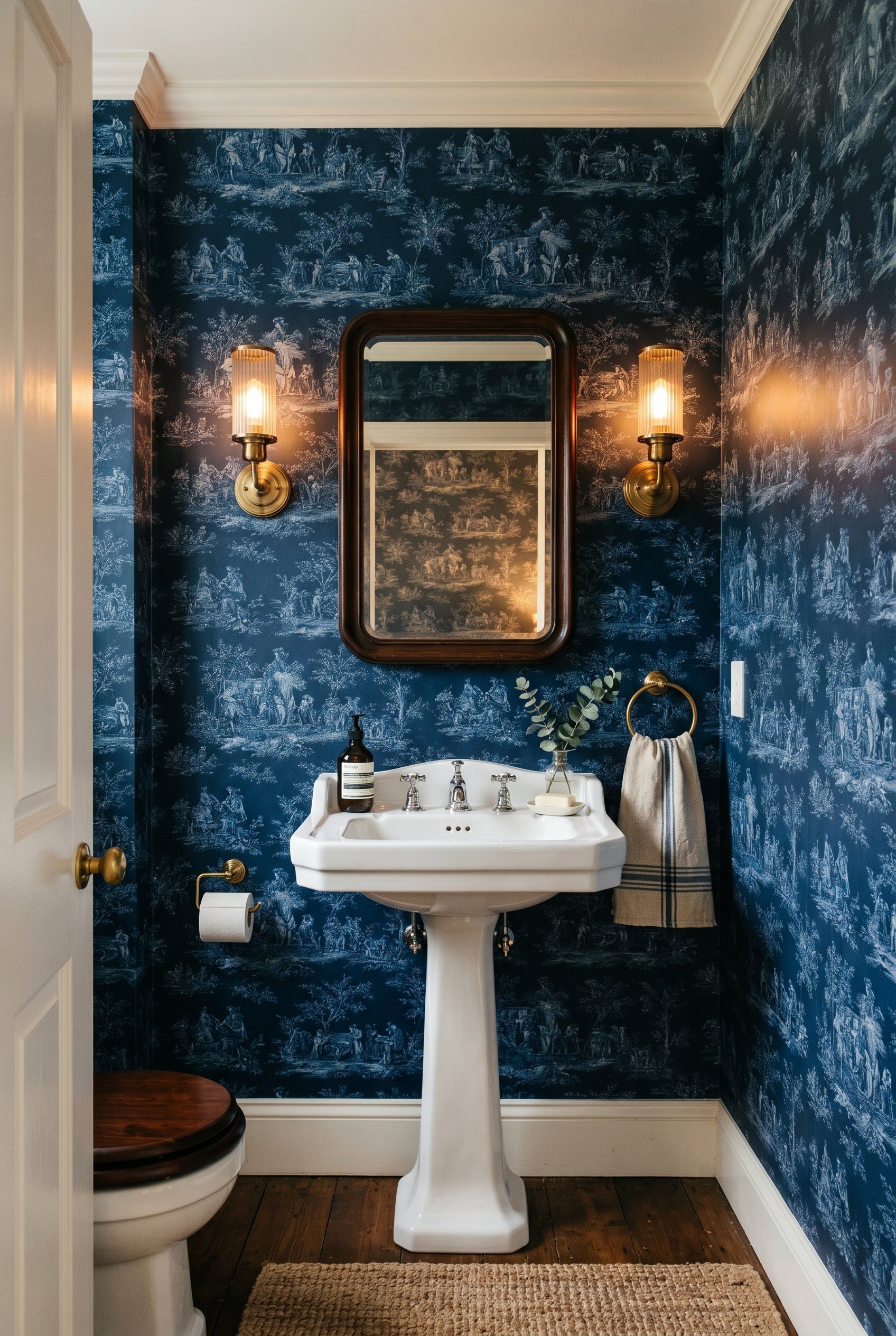 Photorealistic interior photo. Tiny powder room covered in high-end monochromatic navy blue colonial toile wallpaper, warm sconce lighting, straight-on camera angle viewing the sink and mirror. Editor