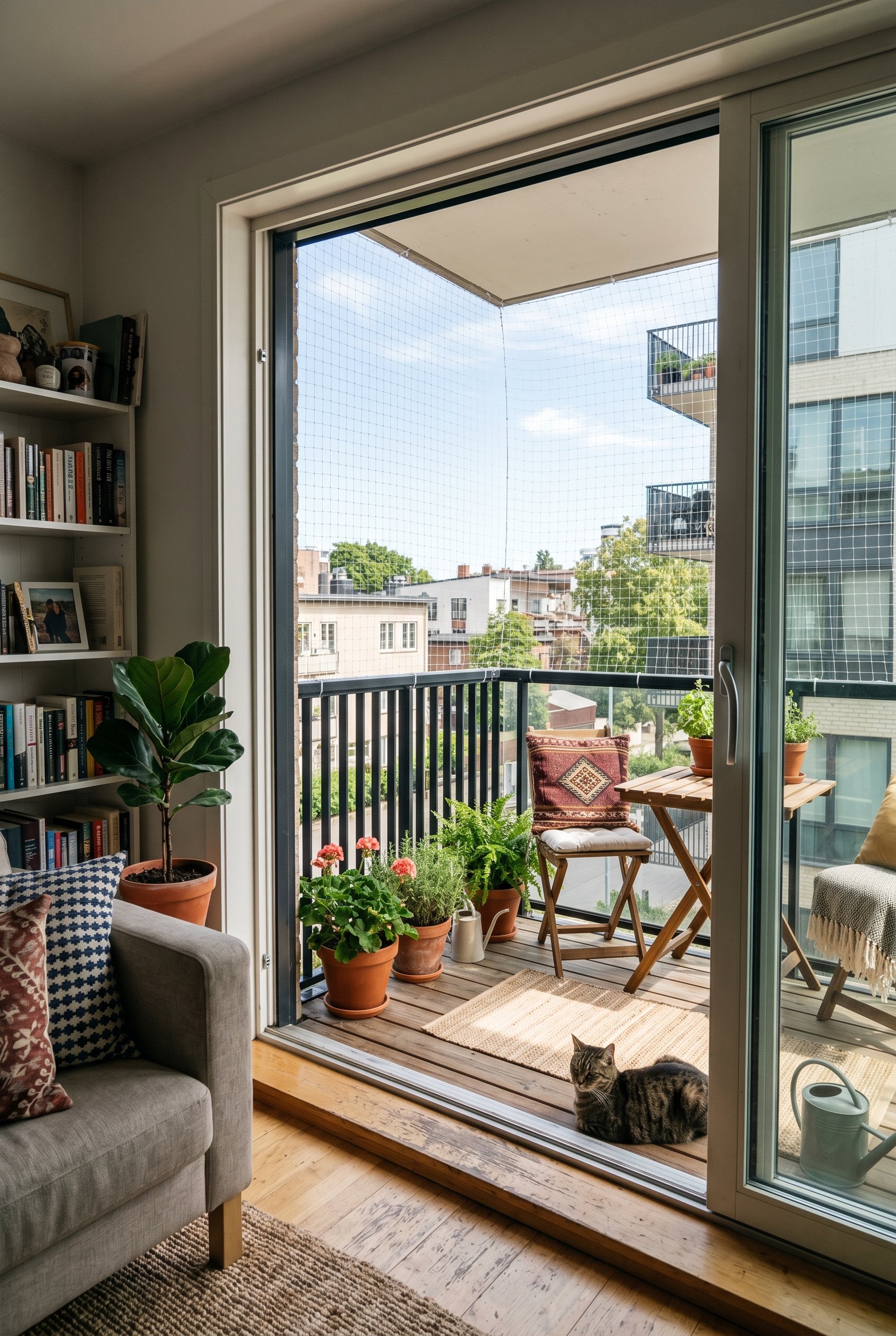 Photorealistic interior photo. Transparent cat safety netting pulled taut against a modern balcony railing, barely visible, neat clear zip ties, bright sunny day. Editorial photography style, no peopl