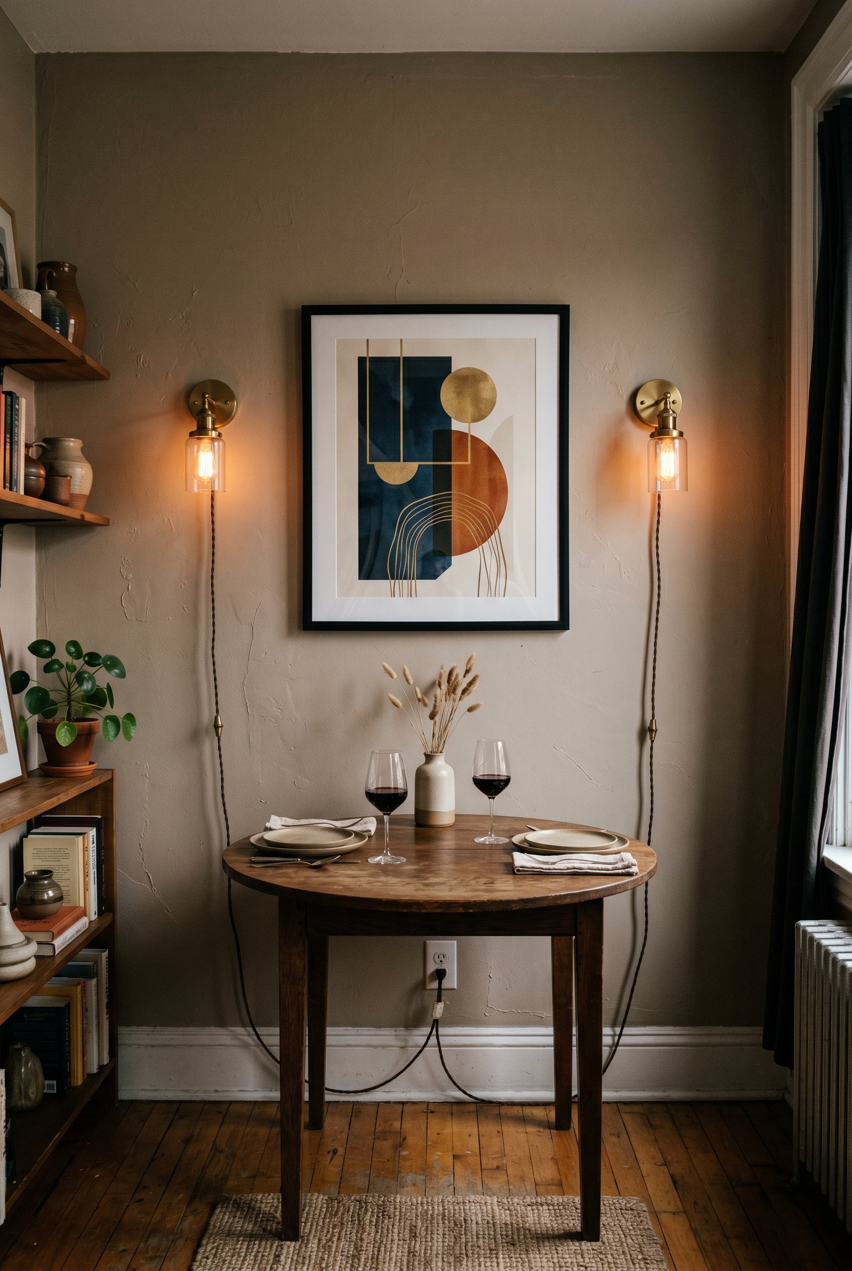 Photorealistic interior photo. Two brass plug-in wall sconces flanking a modern art print above a small dining table, warm dim bulb glow, moody atmospheric lighting, eye-level angle. Editorial photogr