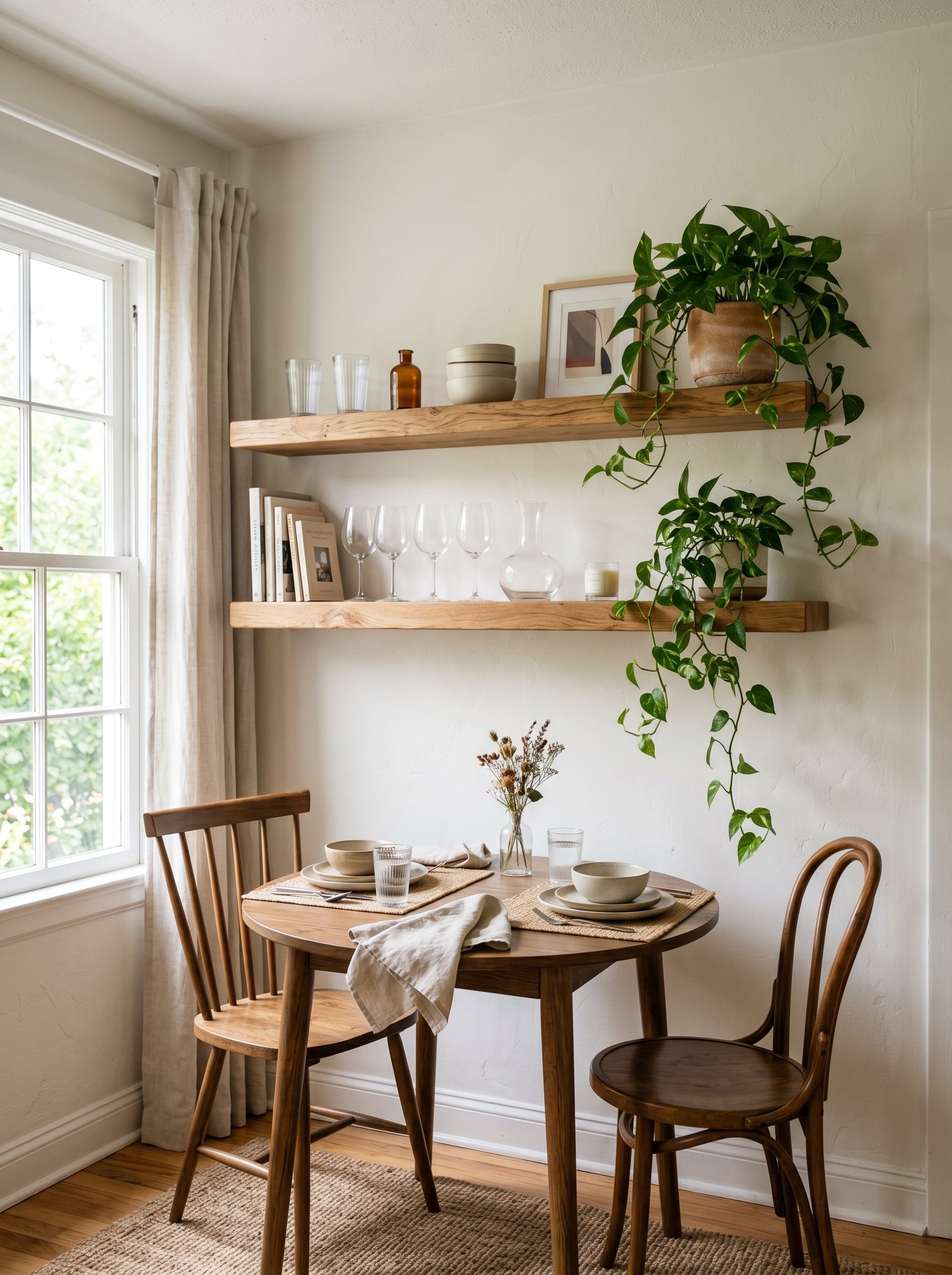 Photorealistic interior photo. Two chunky floating wood shelves mounted above a small apartment dining table, styled with nice glassware and trailing pothos plants, bright natural light, straight-on a