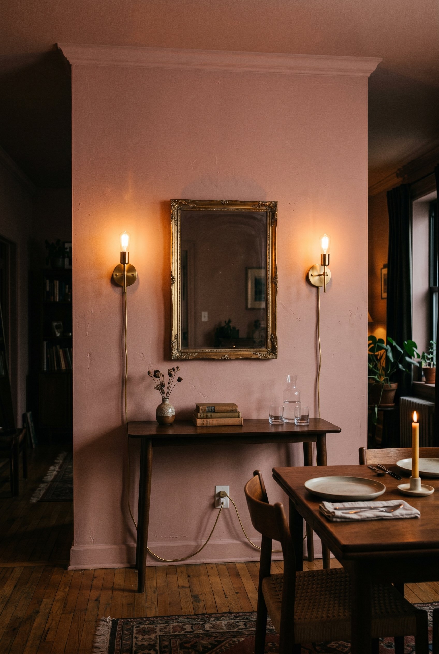 Photorealistic interior photo. Two plug-in brass sconces flanking a vintage mirror on a dusty rose dining room wall, glowing warm light at night, cozy moody atmosphere, straight-on camera angle. Edito