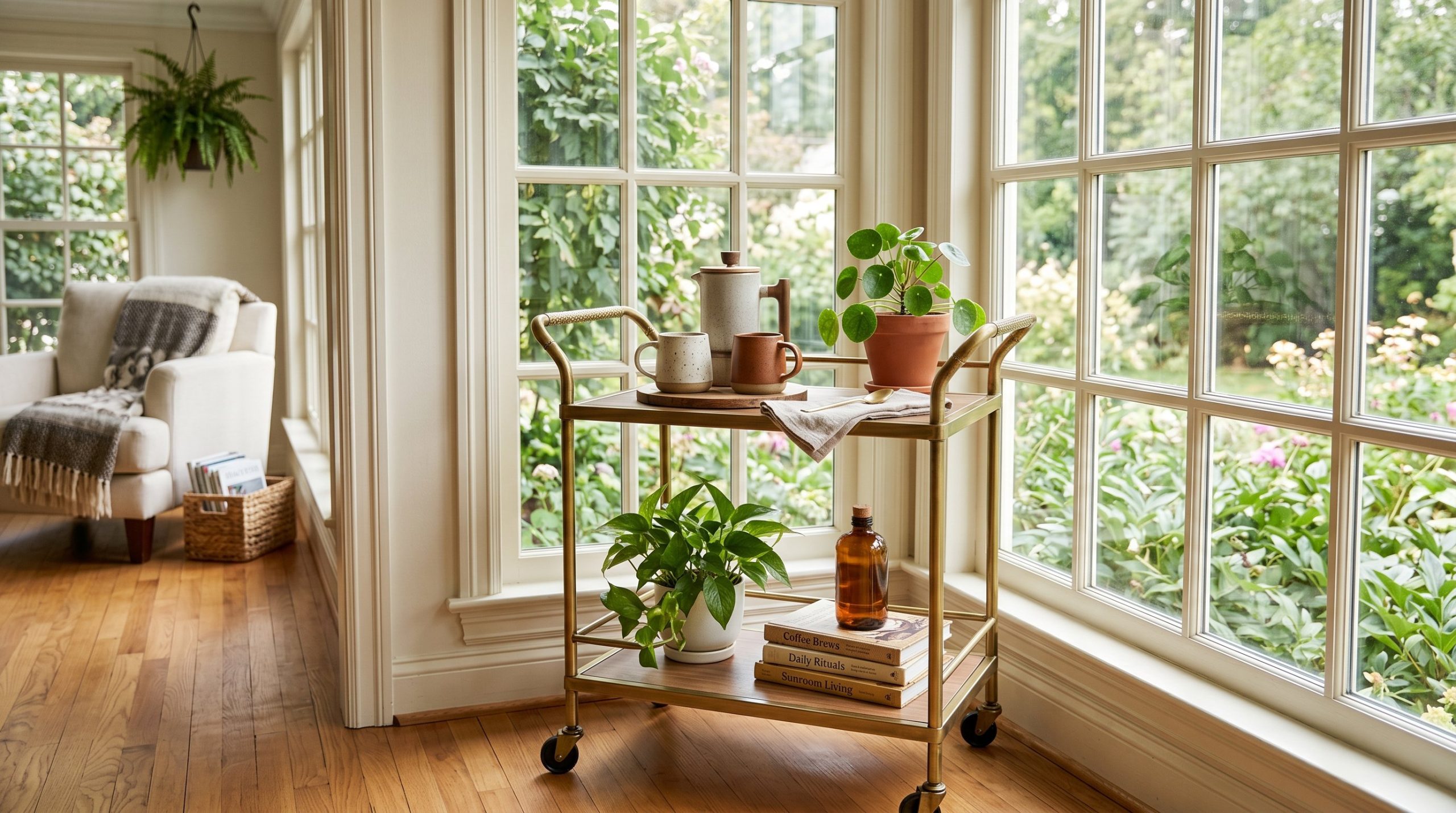 Photorealistic interior photo. Two-tier rolling brass bar cart styled with coffee mugs, a French press, and small potted plants, placed against a sunroom window. Editorial photography style, no people