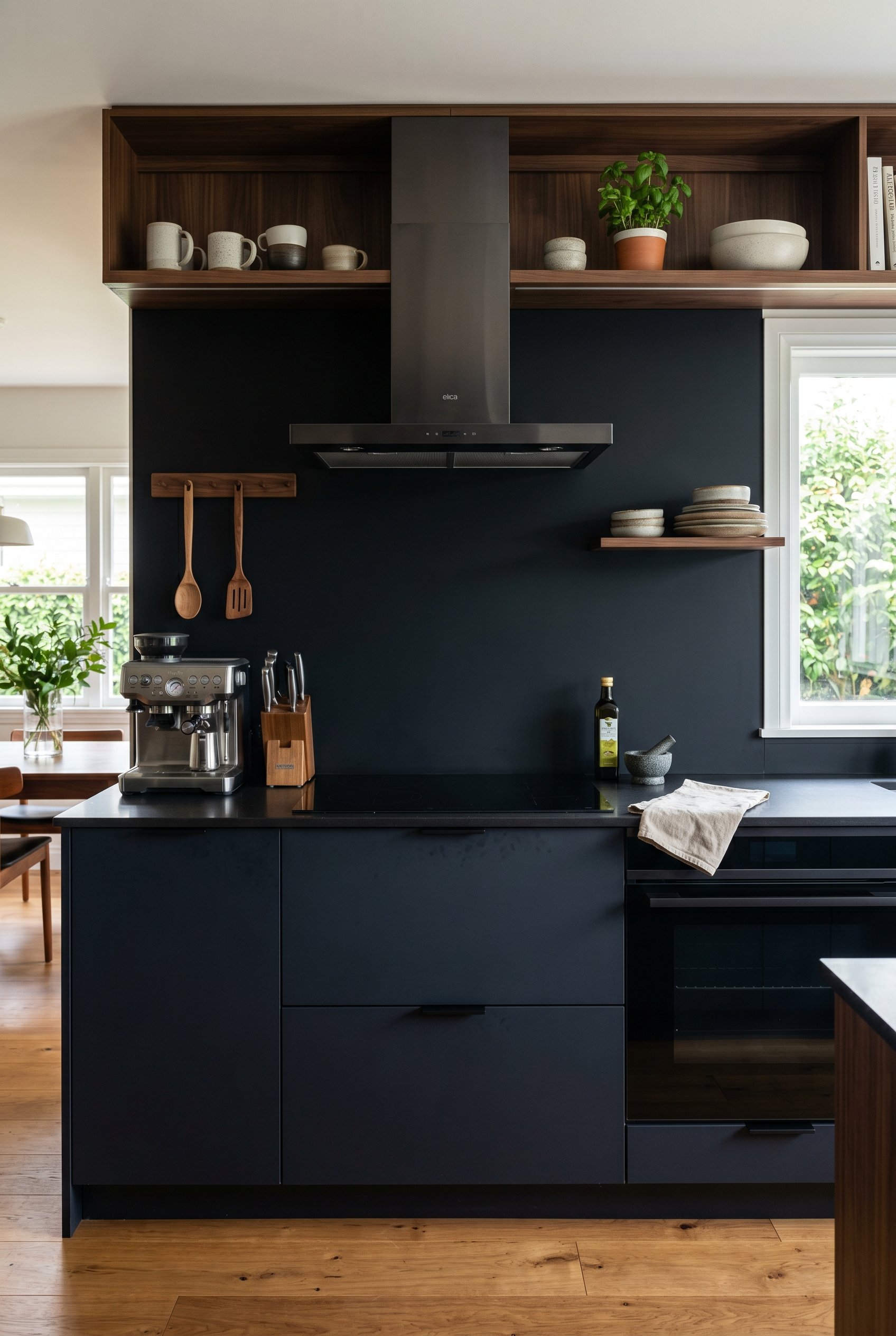 Photorealistic interior photo. Ultra-matte black FENIX panel backsplash in a sleek dark modern kitchen. Minimalist, flawless surface, soft diffused lighting, straight-on camera angle. Editorial photog