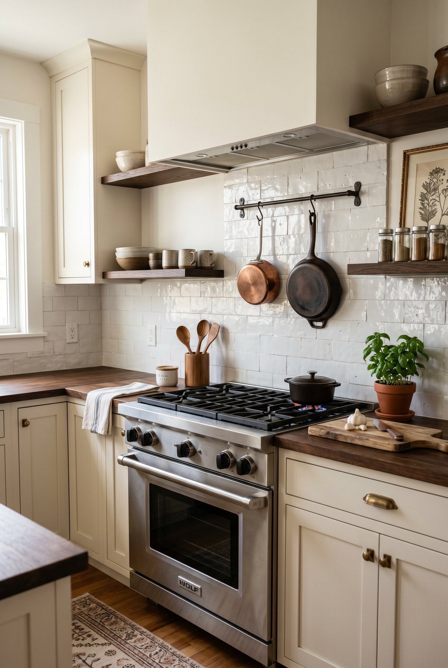 Photorealistic interior photo. Uneven handmade white Moroccan Zellige subway tiles, glossy finish with natural pits and texture, white grout, styled behind a high-end gas range. Editorial photography