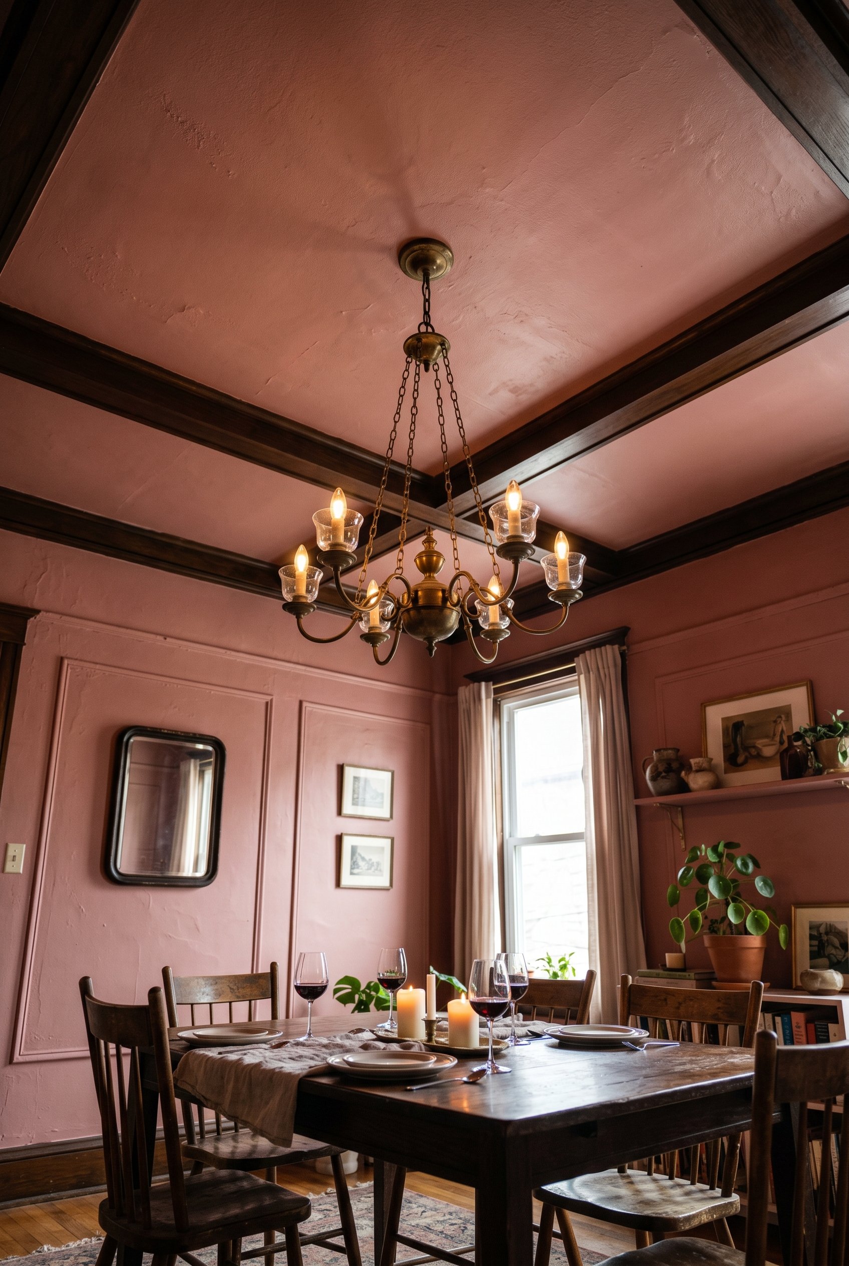 Photorealistic interior photo. Unlacquered brass vintage chandelier hanging over a dining table, dusty rose painted ceiling and walls, dramatic lighting, low camera angle looking up. Editorial photogr
