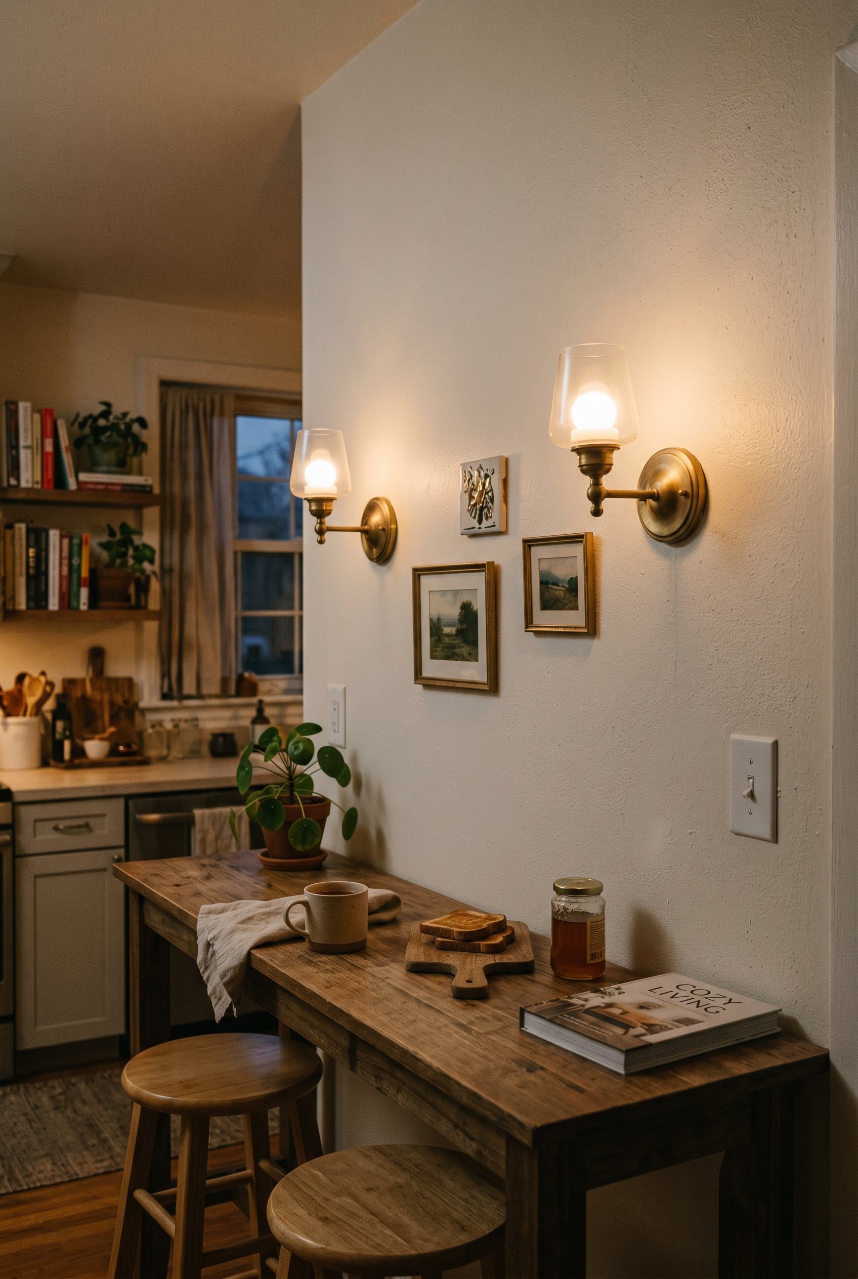 Photorealistic interior photo. Unwired brass plug-in sconces fitted with glowing battery puck lights, mounted on a wall directly above a cozy breakfast bar. Warm 2700k LED light glow, dim ambient room