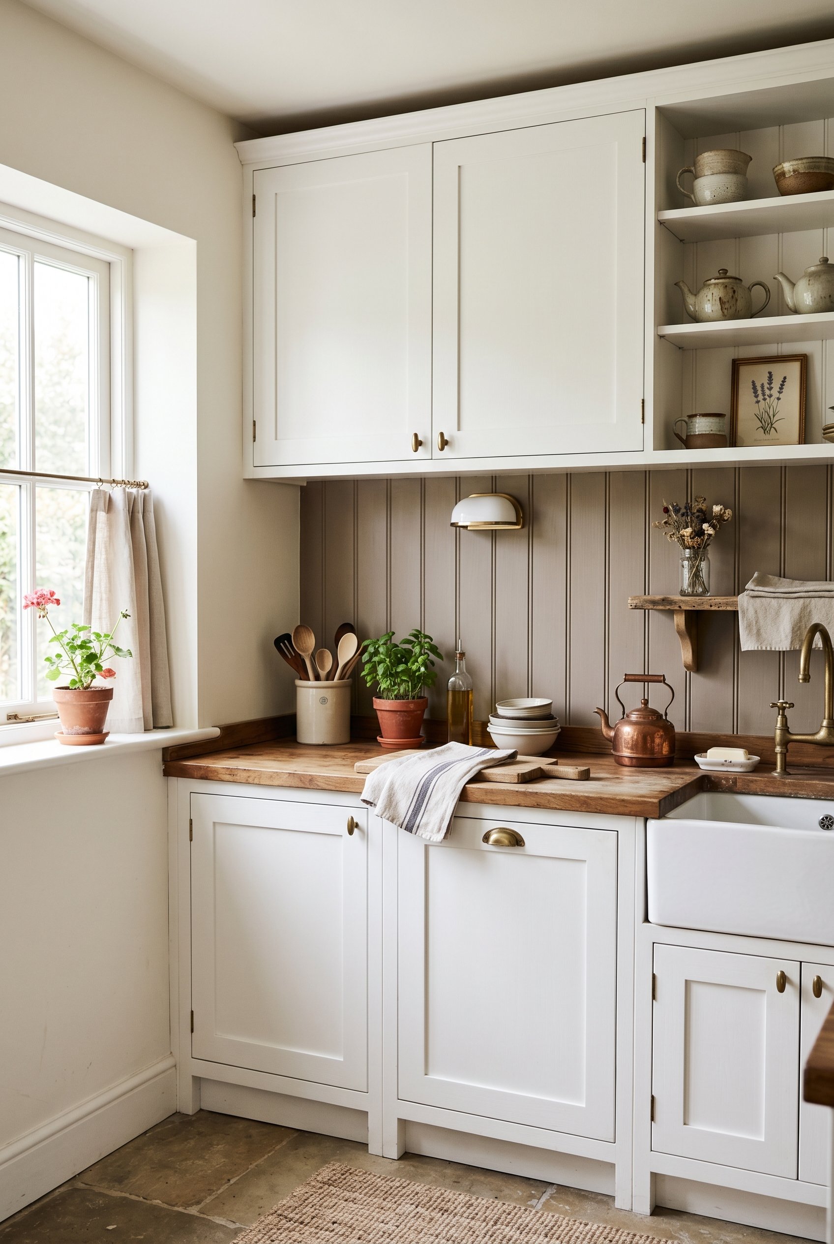 Photorealistic interior photo. Vertical beadboard painted muddy taupe backsplash, bright white kitchen cabinets, classic English cottage style, soft diffused lighting. Editorial photography style, sli