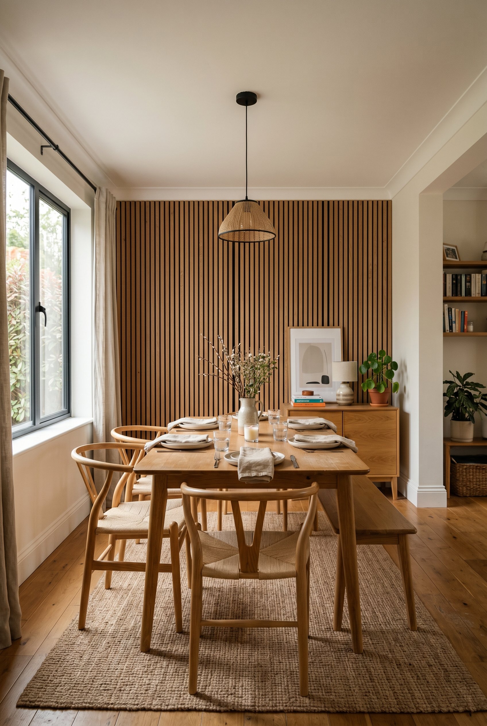 Photorealistic interior photo. Vertical slatted wood acoustic panels on one wall of a modern dining room. Minimalist dining table and chairs. Soft natural side lighting. Editorial photography style, n