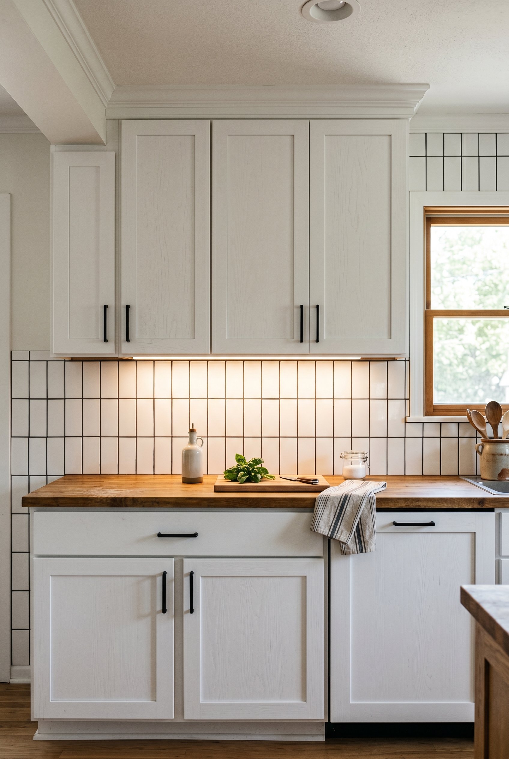 Photorealistic interior photo. Vertical stacked white ceramic subway tile backsplash, stark white shaker cabinets, dark charcoal grout, under-cabinet lighting. Editorial photography style, straight on
