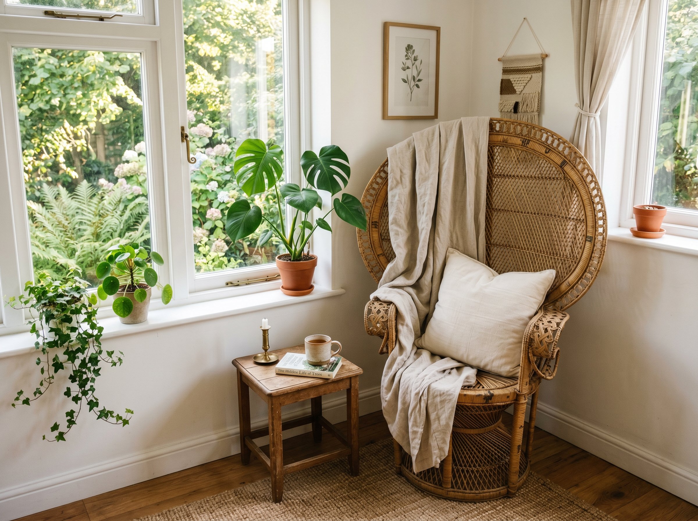 Photorealistic interior photo. Vintage 1970s rattan peacock chair in the corner of a sunroom, styled with a neutral linen throw, bright and airy. Editorial photography style, no people visible.