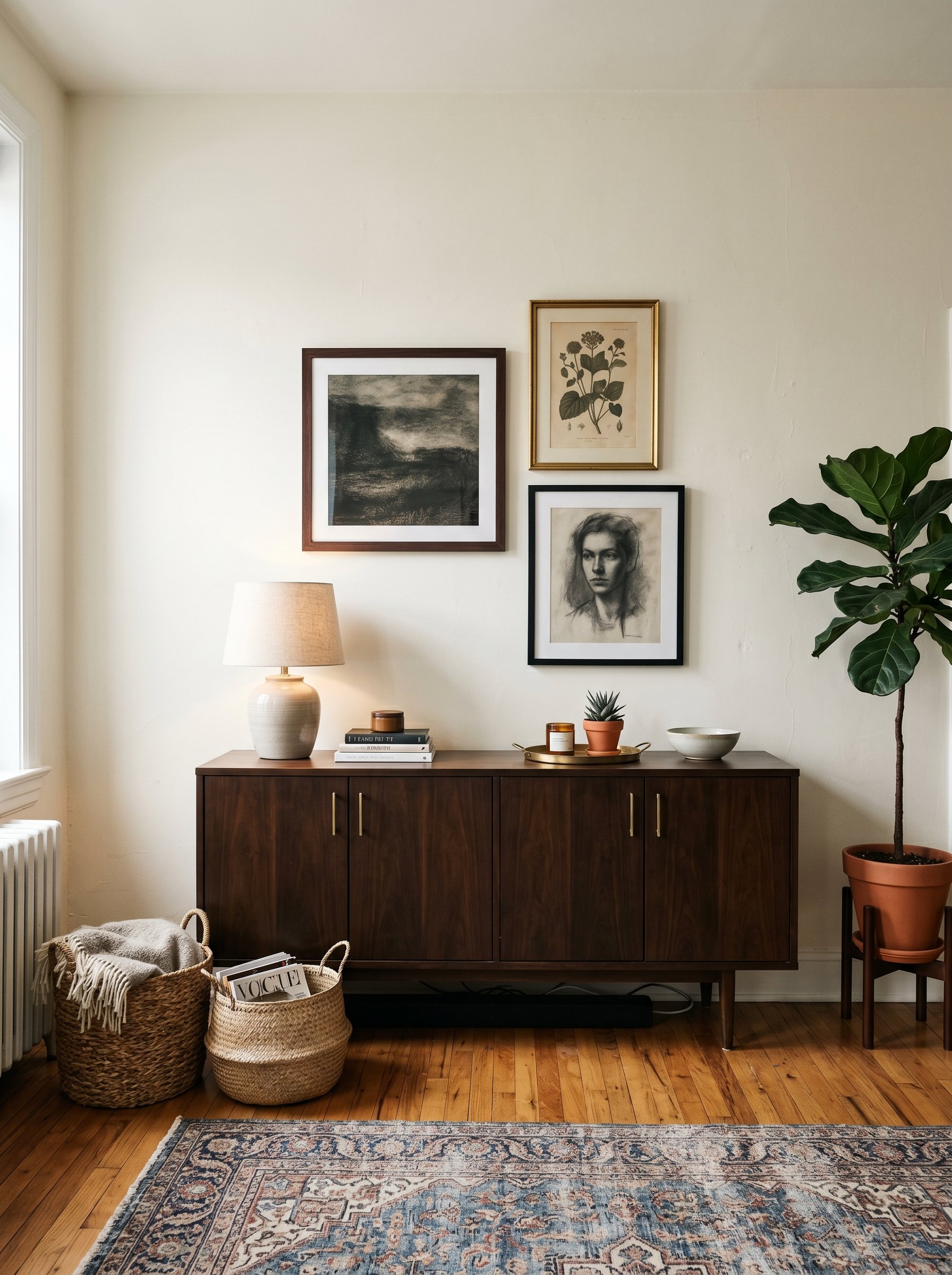 Photorealistic interior photo. Vintage dark wood credenza hiding electronics, woven baskets nearby, framed moody art on the wall above. Soft ambient lighting, straight-on camera angle. Editorial photo