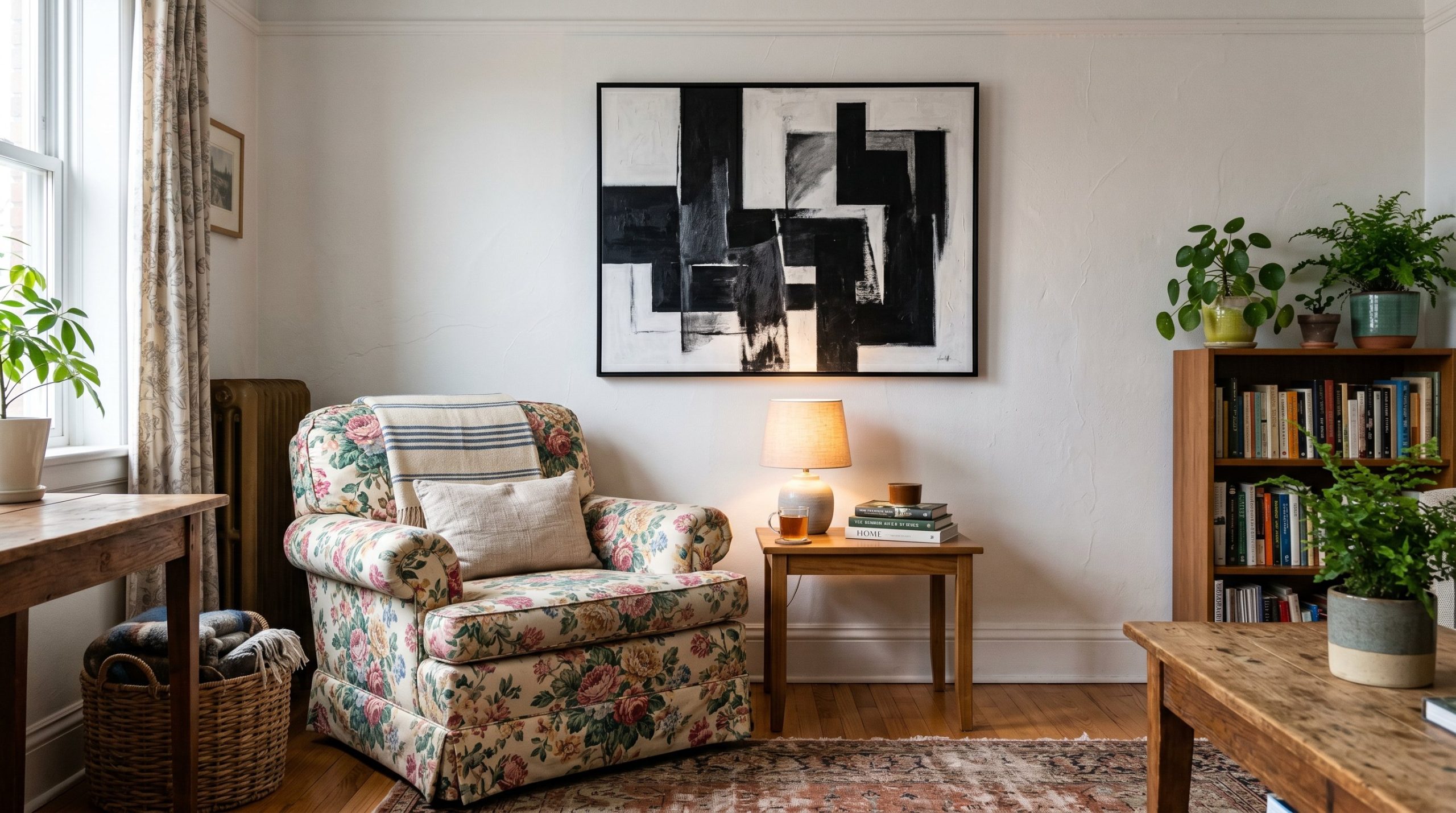 Photorealistic interior photo. Vintage floral chintz upholstered armchair sitting beneath a stark minimalist black and white abstract painting, soft room lighting. Editorial photography style, no peop