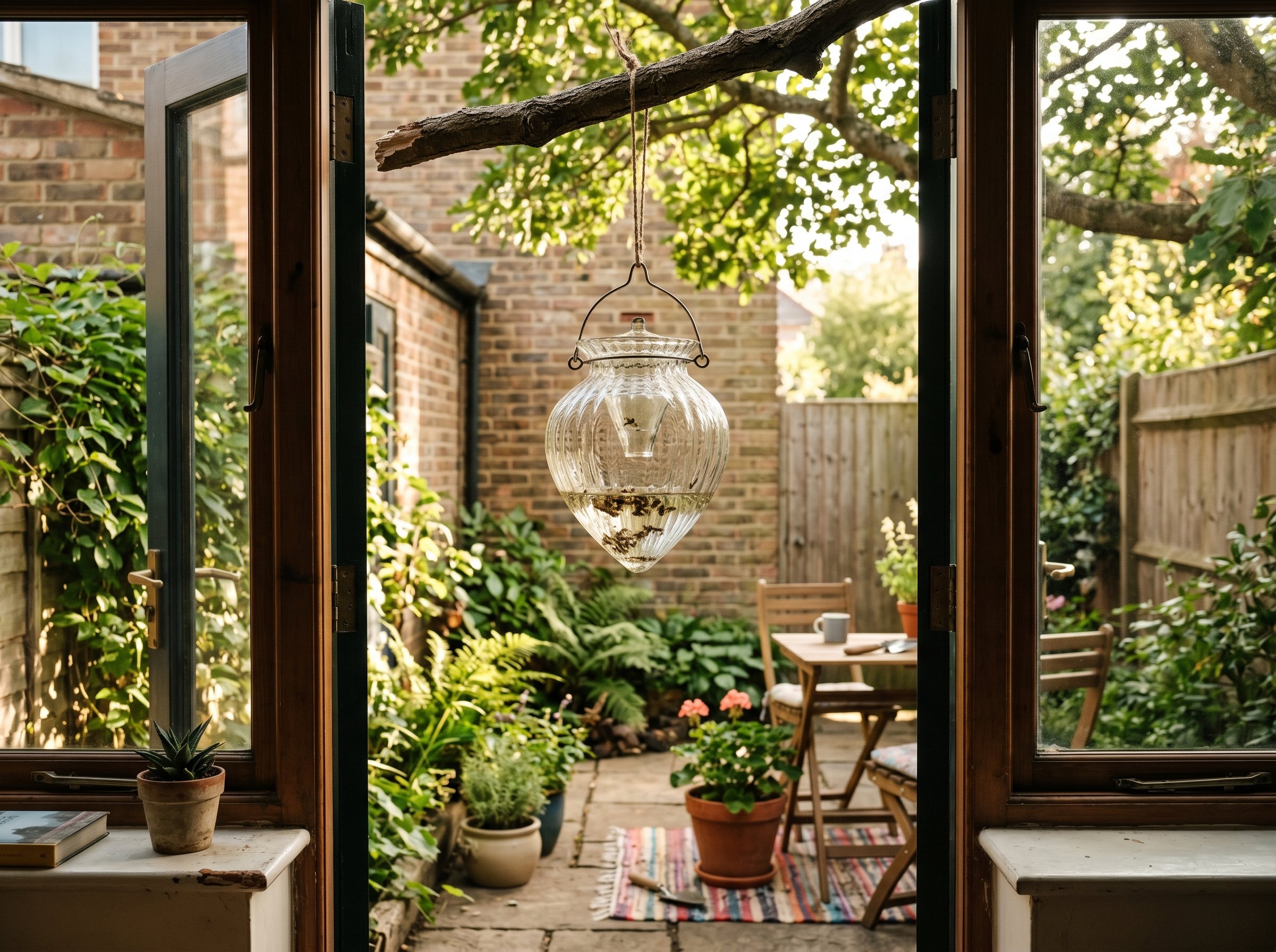 Photorealistic interior photo. Vintage glass wasp trap hanging from a tree branch above a patio, catching the sunlight, delicate glass texture, eye-level shot. Editorial photography style, no people v