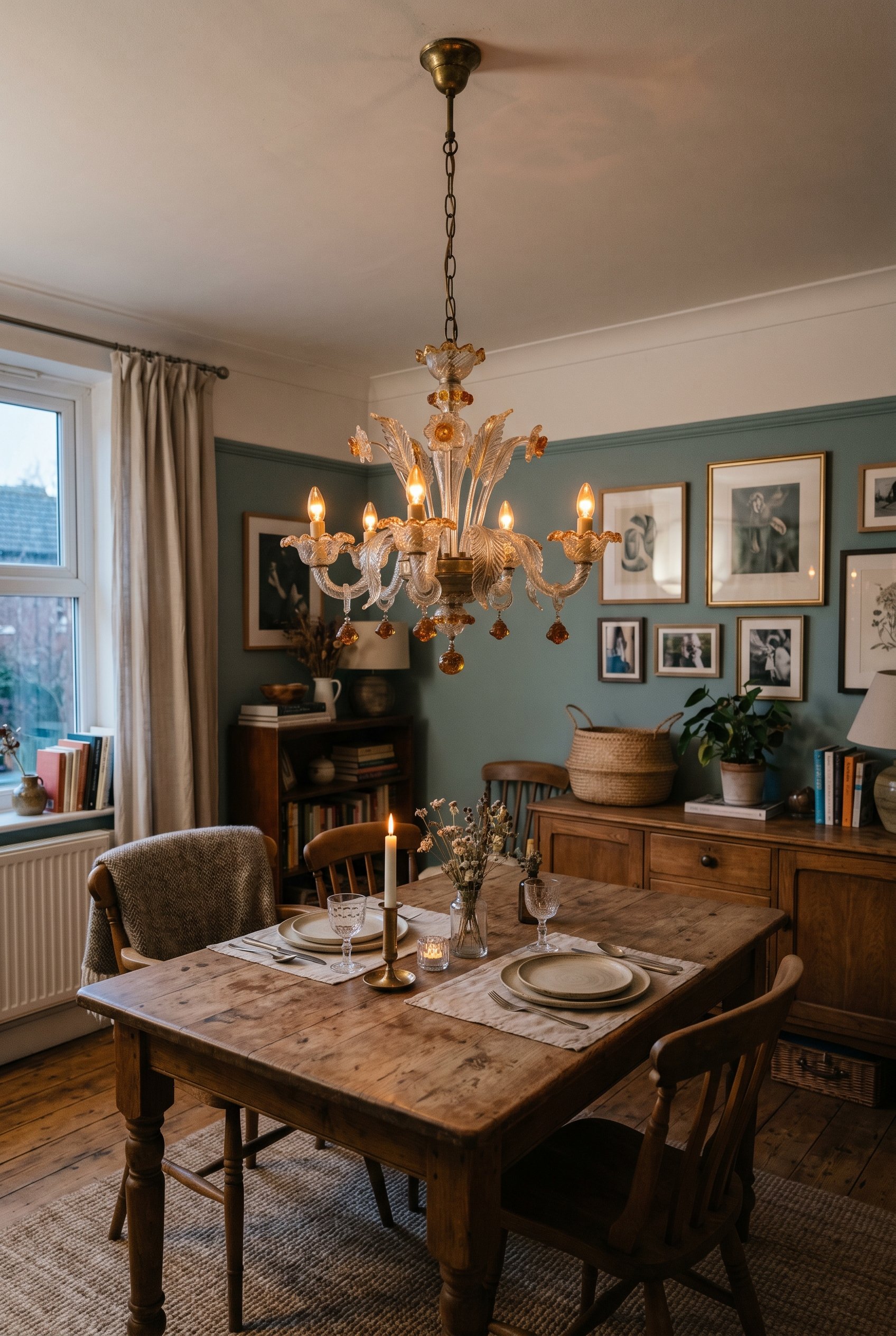 Photorealistic interior photo. Vintage Murano glass chandelier hanging very low, just 30 inches above a rustic dining table. Intimate lighting. Editorial photography style, no people visible.