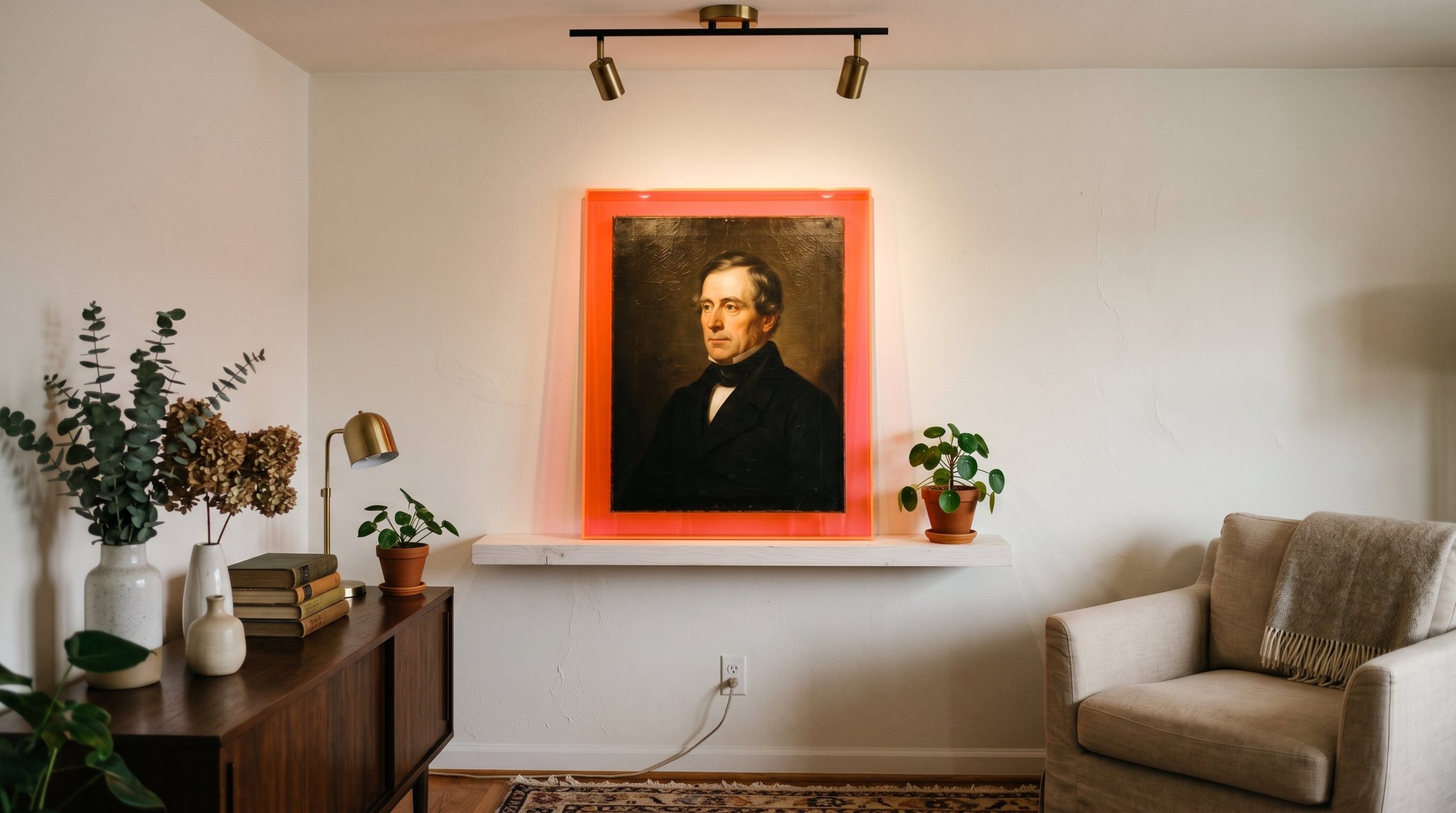 Photorealistic interior photo. Vintage oil portrait of a man in a modern neon acrylic frame resting on a white floating shelf, dramatic gallery lighting. Editorial photography style, no people visible