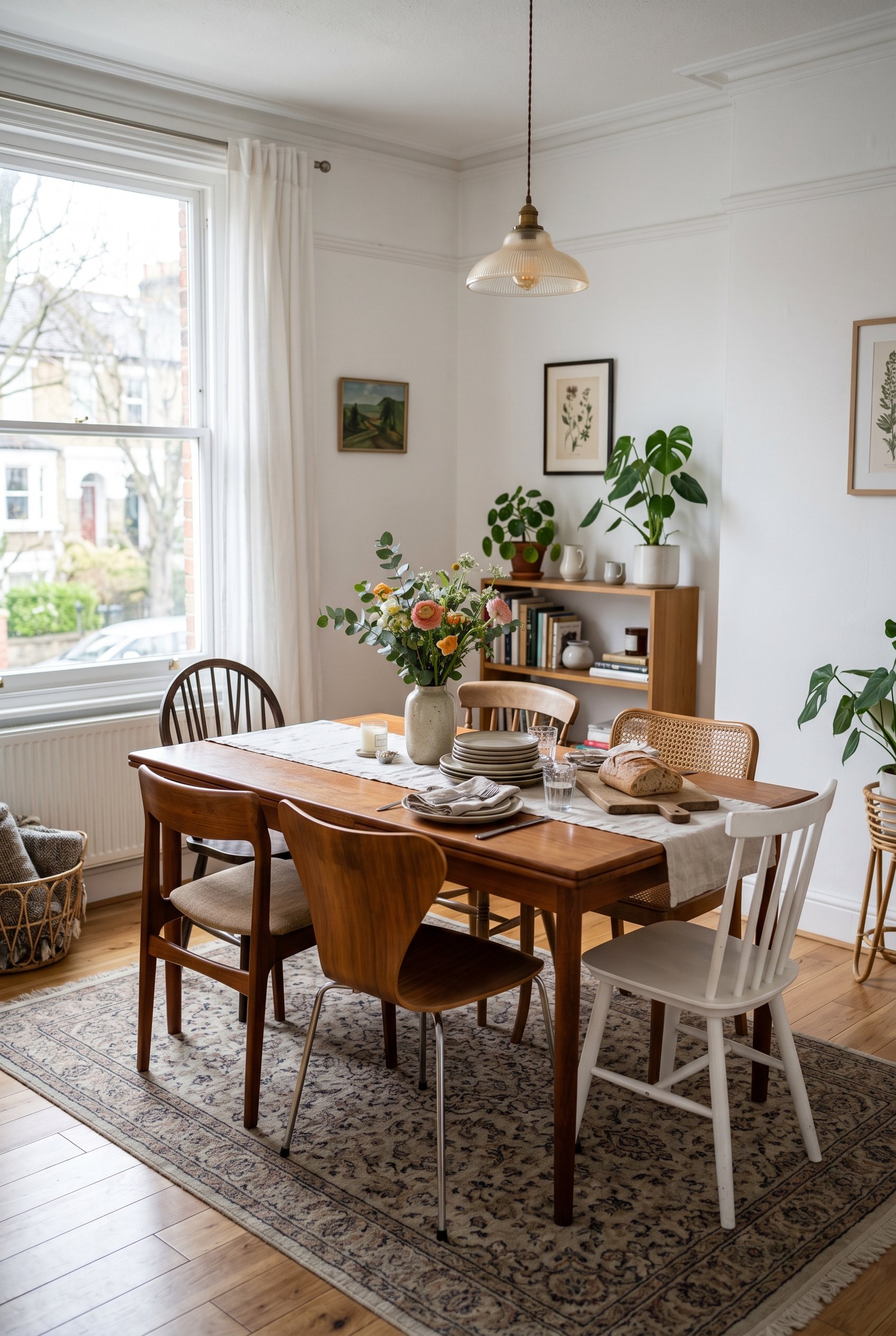 Photorealistic interior photo. Vintage teak wood dining table in a modern white room, mismatched chairs, soft diffused lighting, eye-level camera angle. Editorial photography style, no people visible.